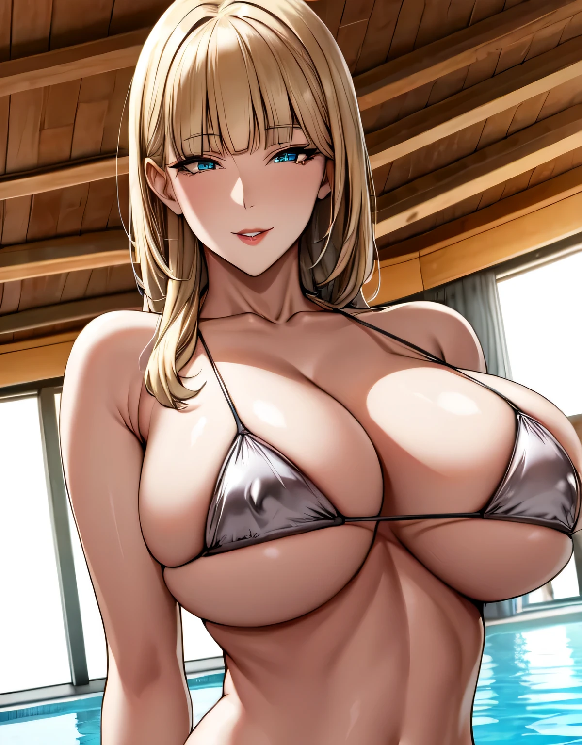 mature female,(large breasts:1.5),(shiny hair),((solo)),((masterpiece)),((best quality)),perfect anatomy,slim waist,perfect image,8k UHD,(beautiful detailed eyes:1.5),extremely detailed face,standing,(upper body:1.3),(look at the front:1.5),arms behindback,ultra-detailed,absurdres,highres,(blonde hair),((blunt bangs)),erotic lips,((sensitive smile)),sexy mature women,30 years-old,long hair,micro bikini,deep cleavage,indoor pool,