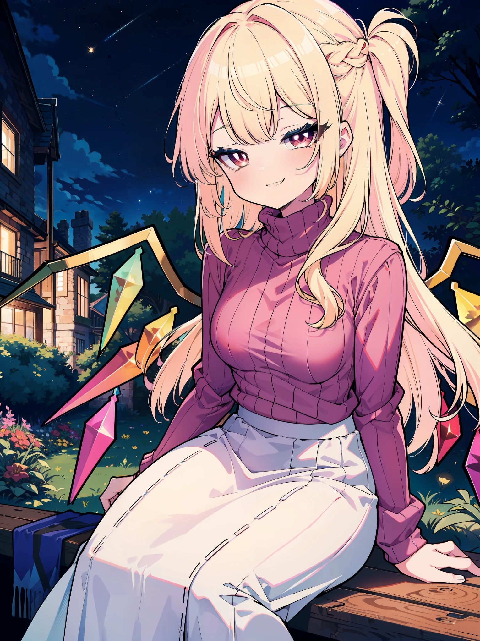 (cowboy shot), (colorful:1.1), (ultra-high resolution, depth of field:1.2), (Flandre scarlet:1.1), (1woman), (adult), in her 20s, Touhou project, (medium breasts), (red eyes:1.1), white pupils, glowing eyes, blonde hair, wavy hair, (long hair:1.2), (french braid), Arranged from the tip of her wings her 8 crystals which are presented in seven colors: light blue, blue, purple, pink, orange, yellow, light green and finally light blue again, (white wool sweater:1.2), (long skirt), (classic mansion scenery), garden, night time, (grinning), squinting eyes, sitting on a garden bench