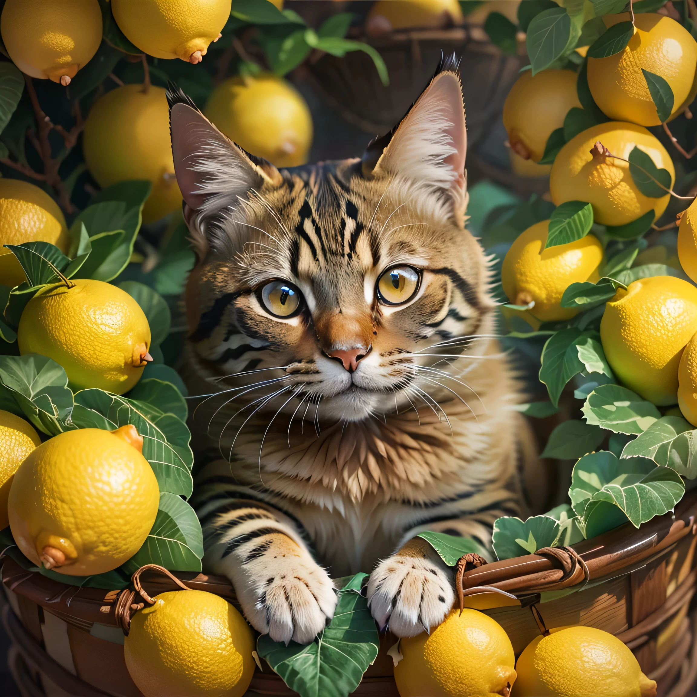 there is a cat sitting in a basket of lemons on a ledge, Hyperrealistic paintings by Nicholas Marsicano, Unsplash, realism, lemonade, lemons, praise, it has lemon skin texture, food commercial 4k, lemon demon, lemon, there is nothing, Shot with the Nikon Z9, Gift, On top of that, Funny cat