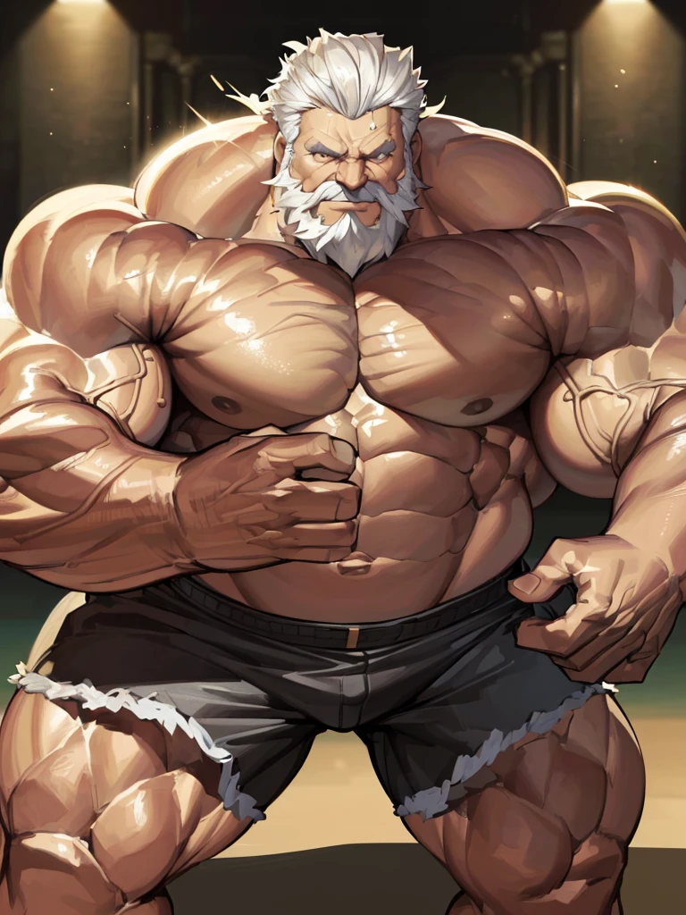 Wide medium shots, ground level camera shot, (best quality,4k,8k,highres,masterpiece:1.2),ultra-detailed,(realistic,photorealistic,photo-realistic:1.37),((massive muscular)) ((huge Muscular)) old man standing in photo studio, simple background,  shorts , white hair, super thick arms, super big pectoral, super wide pectoral, topless, shirtless. 