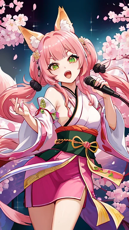 whole body、front、A mix of Japanese and Chinese style costumes、rock、live、sing、Singing passionately、Pink Hair、Fox ears、fox tail、Trimmed bangs、short and thick eyebrows、Low Twintails、cherry blossoms、long hair、eye shadow、赤いeye shadow、Green Eyes