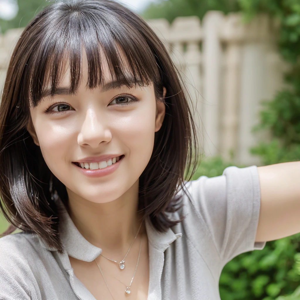 photo realistic, photo realistic, photo realistic, photo realistic, photo realistic, photo realistic, photo realistic, photo realistic, photo realistic, photo realistic, photo realistic, photo realistic, photo realistic, raw photo, 8K photo, master piece, best quality, ultrahigh res, (photorealistic:1.4), young girl, 20 years old, droopy eyes, puffy eyes, round face, short nose, small chin, small mouth, small nose, tiny mouth, bangs, short hair, wavy hair, tartan pattern, red polo shirt, tartan pattern polo shirt, blurry background, cleavage, grey eyes, outdoors, flat chest, look at us with a smile, black hair, realistic (natural skin texture, detailed skin, detailed soft eyes, detailed hair, detailed cute lips, hyperrealism, ultra sharpness, intricate details)