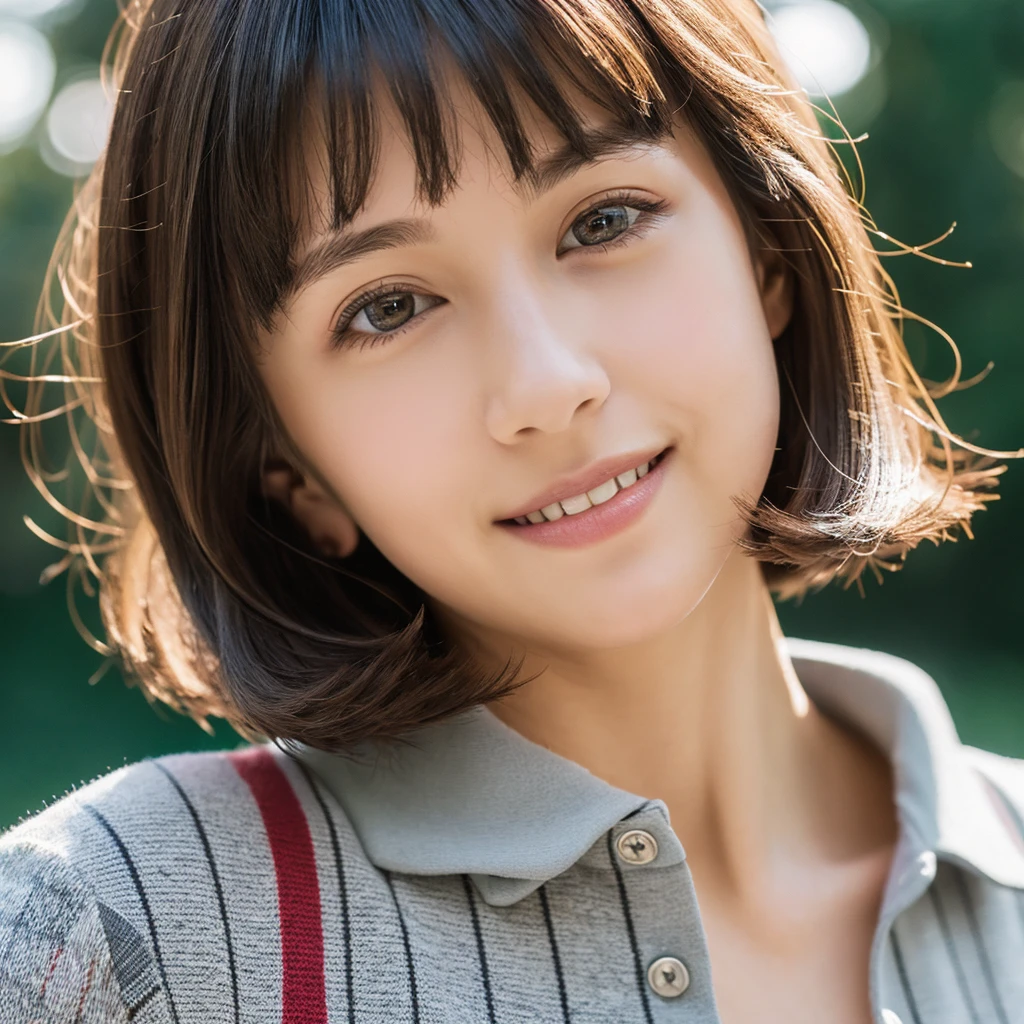 photo realistic, photo realistic, photo realistic, photo realistic, photo realistic, photo realistic, photo realistic, photo realistic, photo realistic, photo realistic, photo realistic, photo realistic, photo realistic, raw photo, 8K photo, master piece, best quality, ultrahigh res, (photorealistic:1.4), young girl, 20 years old, droopy eyes, puffy eyes, round face, short nose, small chin, small mouth, small nose, tiny mouth, bangs, short hair, wavy hair, tartan pattern, red polo shirt, tartan pattern polo shirt, blurry background, cleavage, grey eyes, outdoors, flat chest, look at us with a smile, black hair, realistic (natural skin texture, detailed skin, detailed soft eyes, detailed hair, detailed cute lips, hyperrealism, ultra sharpness, intricate details)