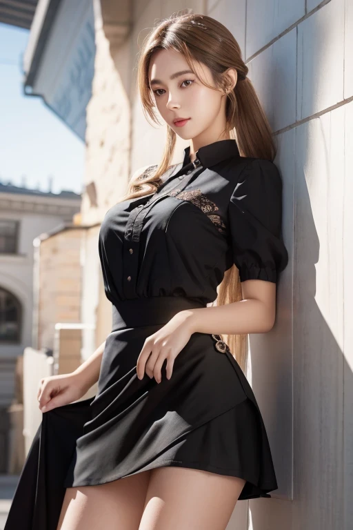 beautiful girl in a short skirt posing in front of a wall, yandere. tall, beautiful girl wearing a black dress, cute girl, a hyperrealistic , high detailed official artwork, from girls frontline, in dress, attractive beautiful girl, young beautiful girl