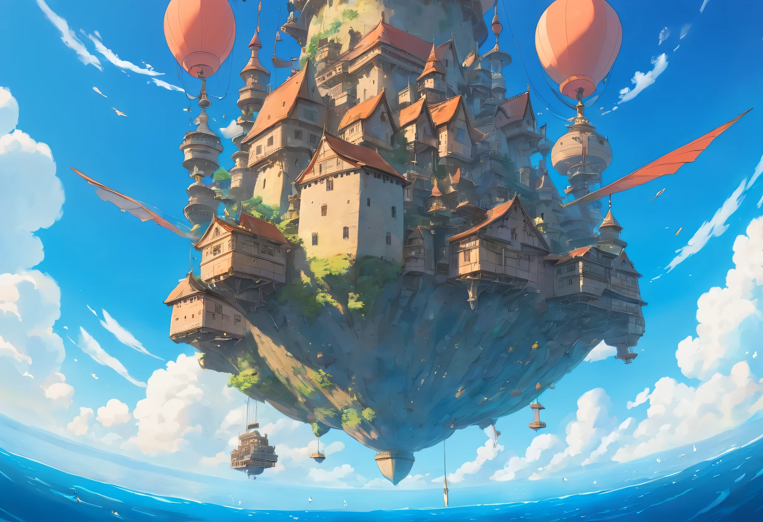 laputa,floating castle,blue sky,sky high,many battle ships,from below,flying robot