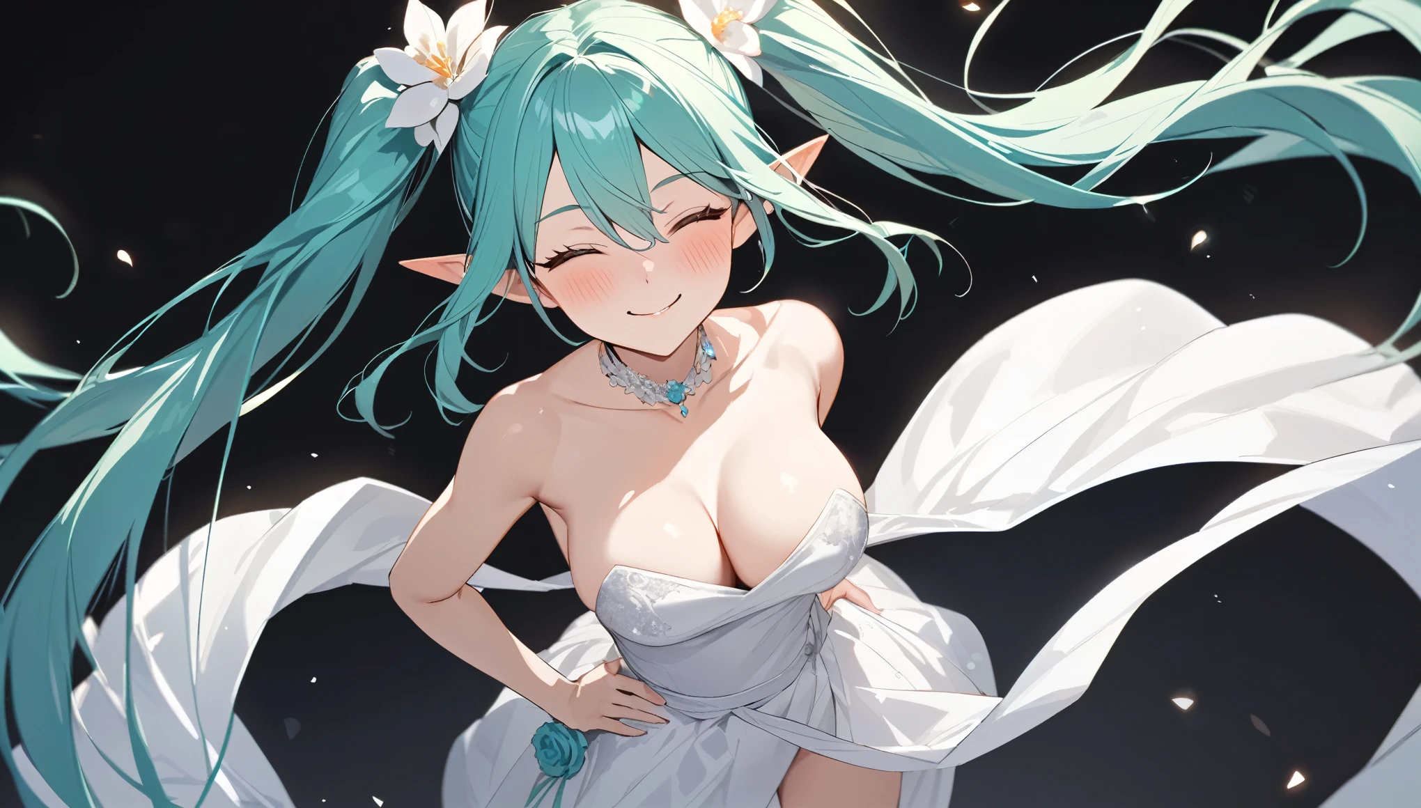 (masterpiece, highest resolution,highest quality ), 1 elven girl, ( bare breasts, thigh),  (aqua hair, twin tails ,very long hair , floating hair ), full body, hand on hip ,hair between eyes, multi colored hair, hair flower ornament ,(blush, smile, close  eyes), close mouth, party dress,  white dress , strapless dress, (Open the front of the  dress chest very wide), large breasts, pointed ears, ((simple background,  black background))