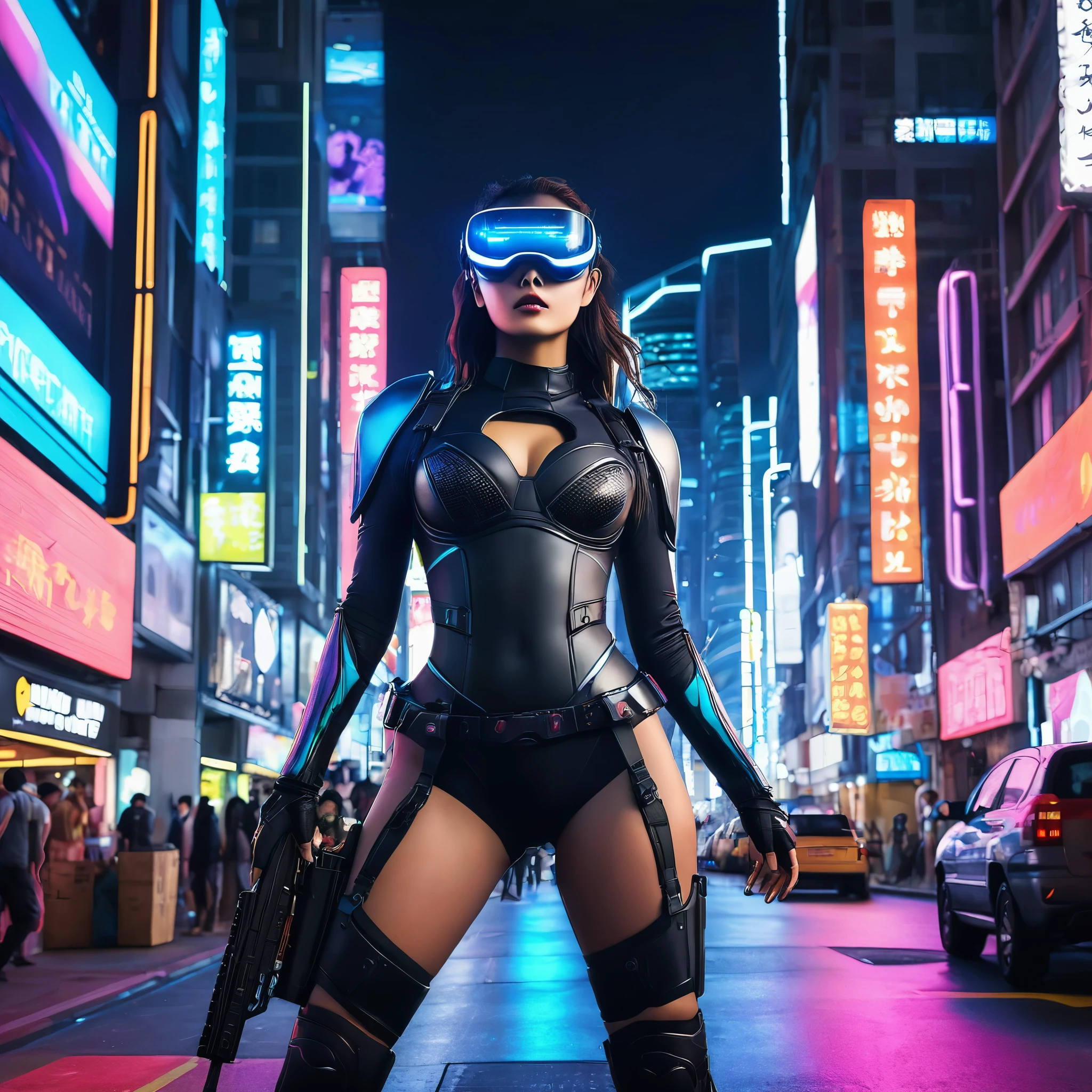 (highest quality、4k、8k、High resolution、masterpiece: 1.2)、Super detailed、(Real、Photorealistic、Photorealistic: 1.37)、SF、Beautiful young woman、Bounty Hunter、Cybernetic Weapons、Cyberspace、High Tech City、Shining neon lights、((Futuristic Fashion))、((Skin-tight, revealing clothing))、Mythical creatures、intense action、Fast-paced、Exciting soundtrack、explosion、Advanced technology、Sharp contrast、Gritty atmosphere、Black Market Trading、Skyline at night、Steampunk elements、Laser gun combat、Hidden Alley、hovering drone、Enhanced Vision、The unforgiving metropolis、Cybernetic Implants、Secret organizationysterious Informant、High Speed Chase、Impressive acrobatics、Colorful holograms、Urban Exploration、Navigating Virtual Reality、A diverse and multicultural society、Dystopian society、 Crowded city street、Hall々A high-rise building、Android Companion、Illegal cybernetic modifications、A heart-pounding adrenaline rush、Heroic determination、@maryna、crstrnmod