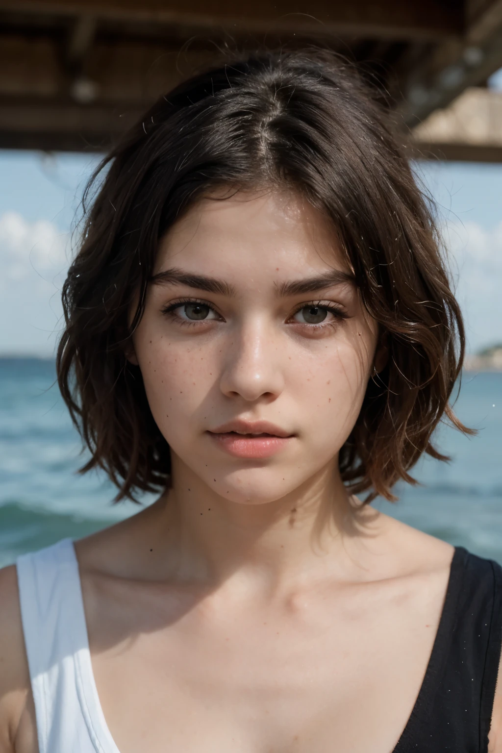 A boy with slightly slanted brown eyes, Caucasian, a typical Italian thin nose with freckles. medium wavy hair extremely black like the waves of the sea, 18 years old pale skin and striking eyebrows but not that big, noticeable eyelashes reminiscent of freckles and extremely black hair. high qualiy. its a boy 18 years