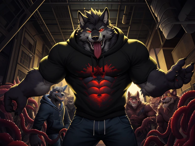 furry,hairy,Wolves,experiment,Stitching Abomination,male,experiment室,science and technology,strong,thick,monster,Zombie's exquisite eyes,Super detailed,Delicate fur texture,CG。red pupils,Tentacles,Sweatshirt,Tentacles缠身,entangle,strong,rape face,huge,panicked,fear,Mucus,Viscosity,body fluid,invert,assimilation,flesh,Mucusinvert,Tongue,Arrogant