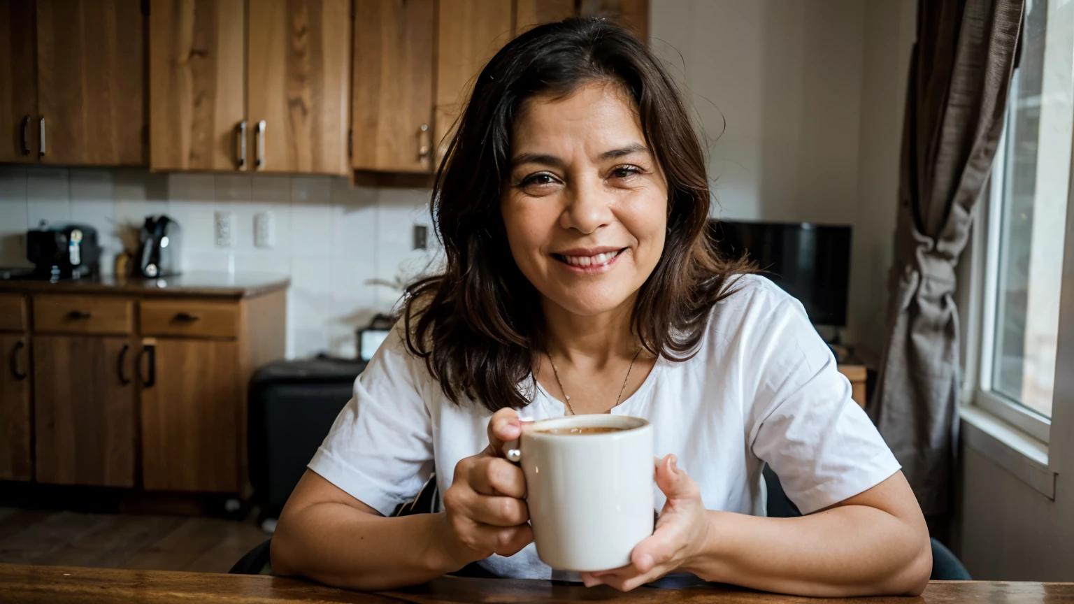 Old woman looking 60 years old black Brazilian with simple appearance looking like a worker drinking coffee and smiling in her home.