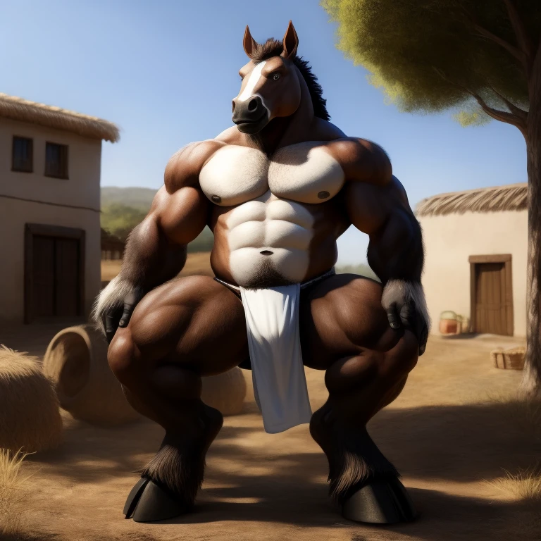 Furry, Antro , [Horse color dark Marronmetal] , [Fundoshi Bulto Male Big], [(Fundoshi BLANCO)], Solo, [Bulto Male Big], Big Balls, Hooves , Detallado, cuerpo completo, Cuerpo Peludo Blanco Marron, Cuerpo Perfecto, Fondo Pueblo Rural, Pupil Eyes, Alta resolucion 4K