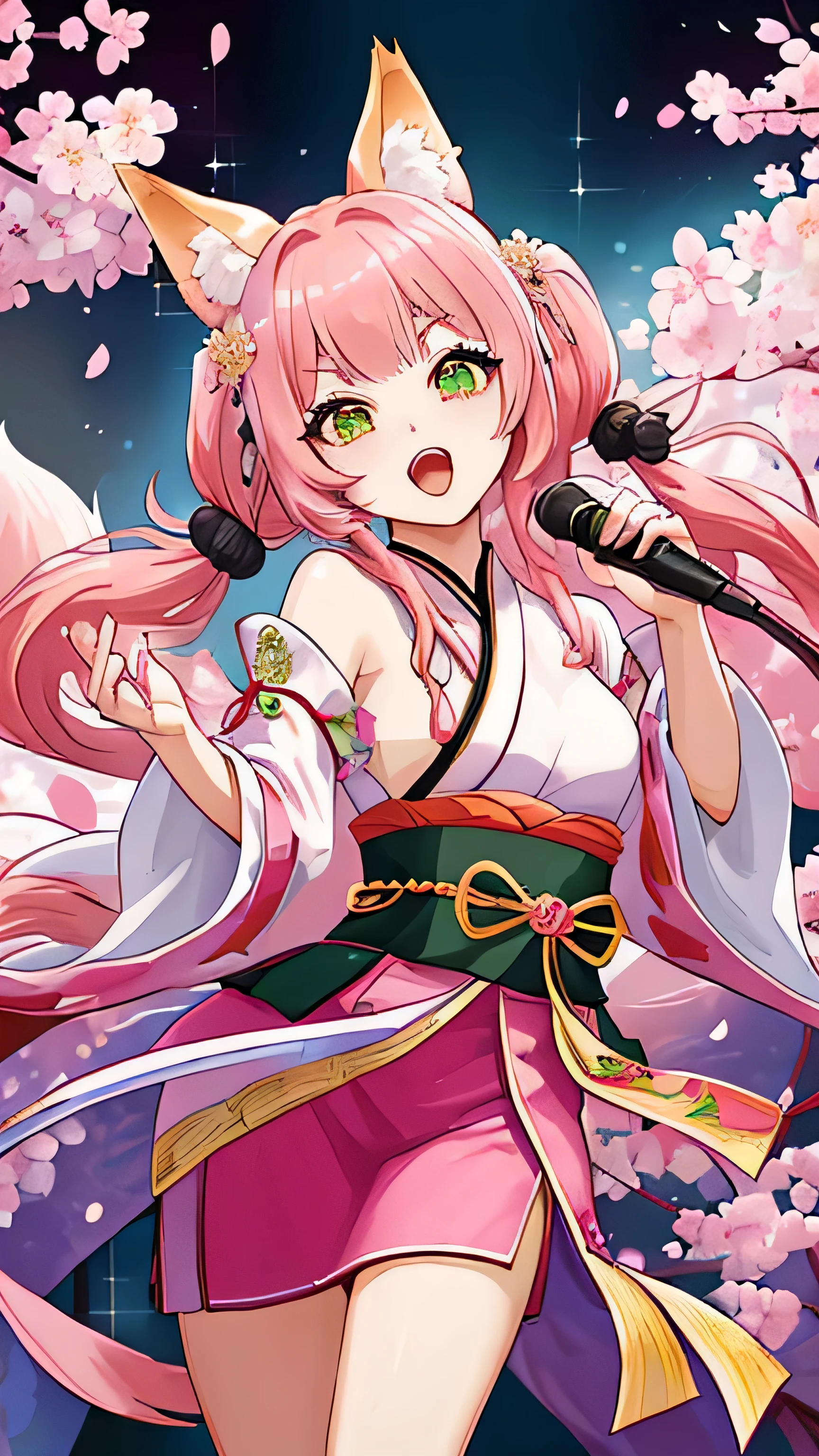 whole body、front、A mix of Japanese and Chinese style costumes、rock、live、sing、Singing passionately、Pink Hair、Fox ears、fox tail、Trimmed bangs、short and thick eyebrows、Low Twintails、cherry blossoms、long hair、eye shadow、赤いeye shadow、Green Eyes