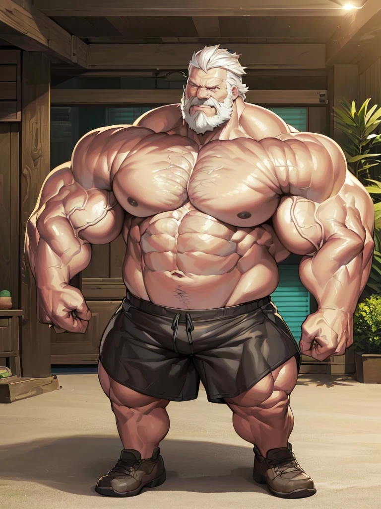 Wide medium shots, ground level camera shot, (best quality,4k,8k,highres,masterpiece:1.2),ultra-detailed,(realistic,photorealistic,photo-realistic:1.37),((massive muscular)) ((huge Muscular)) old man standing in photo studio, simple background, shorts , white hair, super thick arms, super big pectoral, super wide pectoral, topless, shirtless.