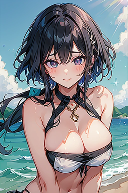 a 23yo girl, Beautiful lighting,face light、(Close-up light on chest:1.3)、(summer Beach :1.2)、(random bikini:1.3),cute face、young face、small nose、(with sparkling eyes and a contagious smile),bronde hair、fine hair,hair spreading in the wind、hair is shiny、masterpiece, highest quality, Super detailed, High resolution, Detail view, very beautiful detailed face and eyes, bright colors, cute face, delicate beautiful face, Bright magenta eyes, cute eyes, sparkling eyes, Big eyes, (big breasts:1.3), (perky chest:1.1), (pointed chest:1.1), medium hips, glamorous body, white skin, smile, thin pubric hair, shiny hair, off underware ,small cute ribbon, Real World, Natural light,perfect Natural light、looking at viewer,