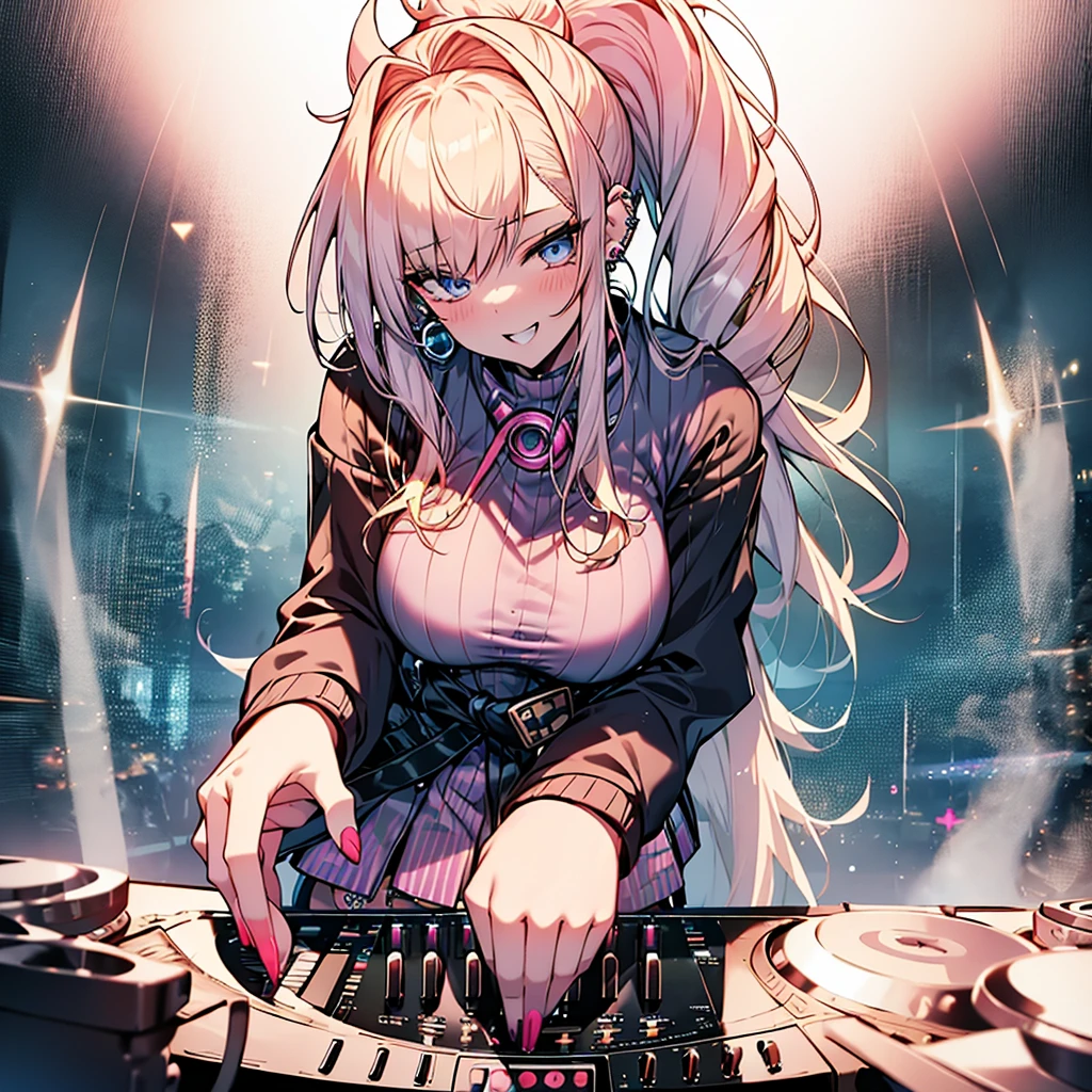 highest quality、Blonde、ponytail、Slanted Eyes、blue eyes、thick eyeliner、Pale skin、Gal、high school girl、wearing a cardigan around the waist、Cleavage、Have many ear piercings、bracelet、Headphones、pink lip、big breasts、Short skirt、Knee-high boots、DJing、Lots of neon、Ruthless smile、red nails、Nightclub