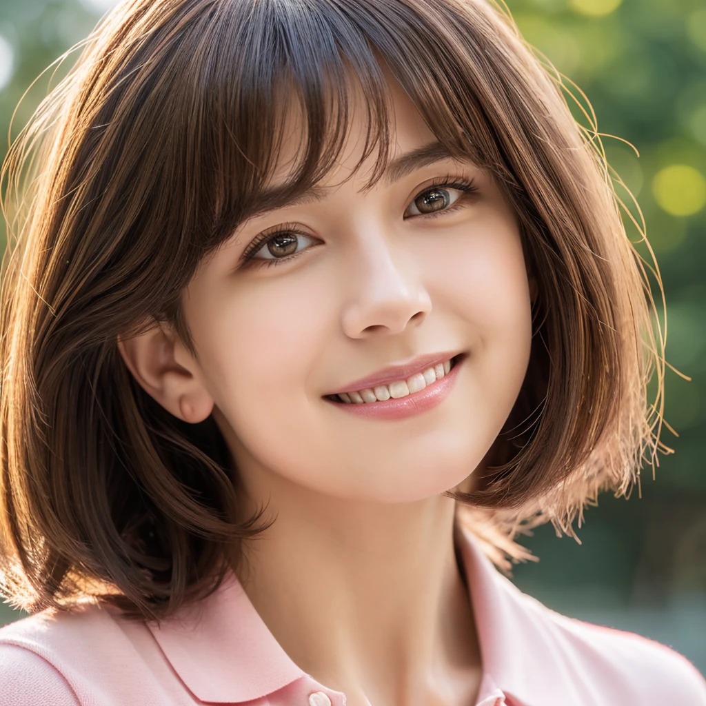 photo realistic, photo realistic, photo realistic, photo realistic, photo realistic, photo realistic, raw photo, 8K photo, master piece, best quality, ultrahigh res, (photorealistic:1.4), young girl, 18 years old, droopy eyes, puffy eyes, round face, short nose, small chin, small mouth, small nose, tiny mouth, bangs, short hair, red polo shirt, pink polo shirt, cleavage, grey eyes, outdoors, flat chest, look at us with a smile, brown hair, brown color pants, realistic,(natural skin texture, detailed skin, detailed soft eyes, detailed hair, detailed cute lips, hyperrealism, ultra sharpness, intricate details)