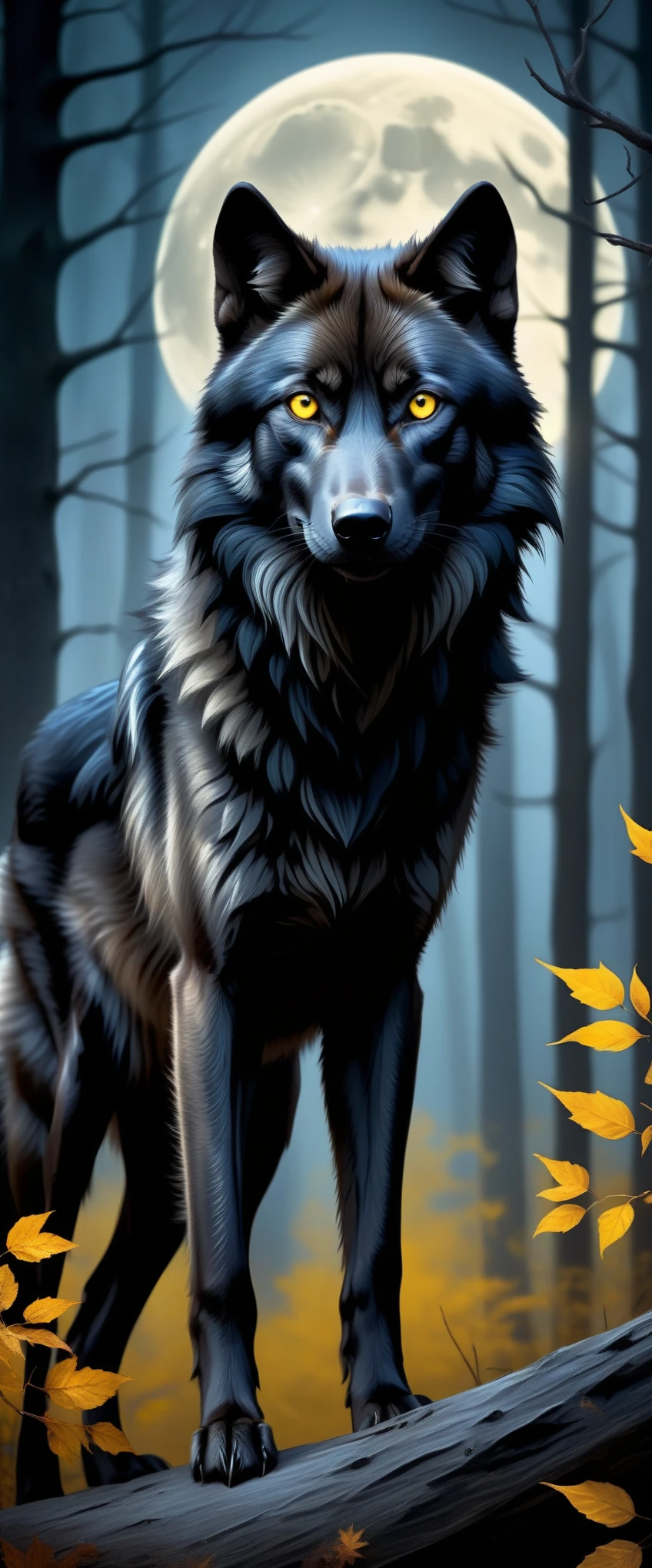 black wolf with yellow eyes in the forest,realistic,highres,ultra-detailed,wildlife,night scene,moonlit,ominous shadows,dense foliage,quiet ambiance,majestic creature,poised,alert,sharp-pointed ears,fierce gaze,powerful presence,untamed beauty,ominous,striking contrast,fearsome predator,graceful and stealthy movements,dark and mysterious habitat,howl in the distance,black fur glimmering under moonlight,pristine and untouched environment,mystical atmosphere,vivid colors,whisper of the wind,rustling leaves,slender and muscular frame