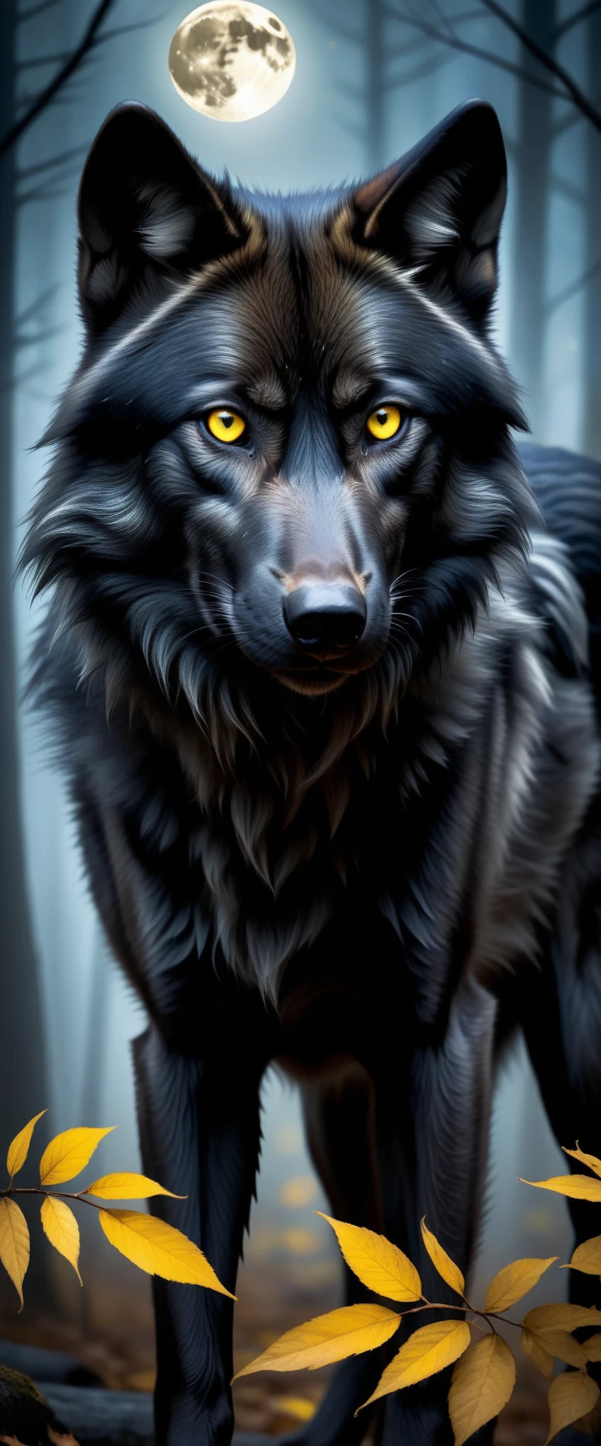 black wolf with yellow eyes in the forest,realistic,highres,ultra-detailed,wildlife,night scene,moonlit,ominous shadows,dense foliage,quiet ambiance,majestic creature,poised,alert,sharp-pointed ears,fierce gaze,powerful presence,untamed beauty,ominous,striking contrast,fearsome predator,graceful and stealthy movements,dark and mysterious habitat,howl in the distance,black fur glimmering under moonlight,pristine and untouched environment,mystical atmosphere,vivid colors,whisper of the wind,rustling leaves,slender and muscular frame