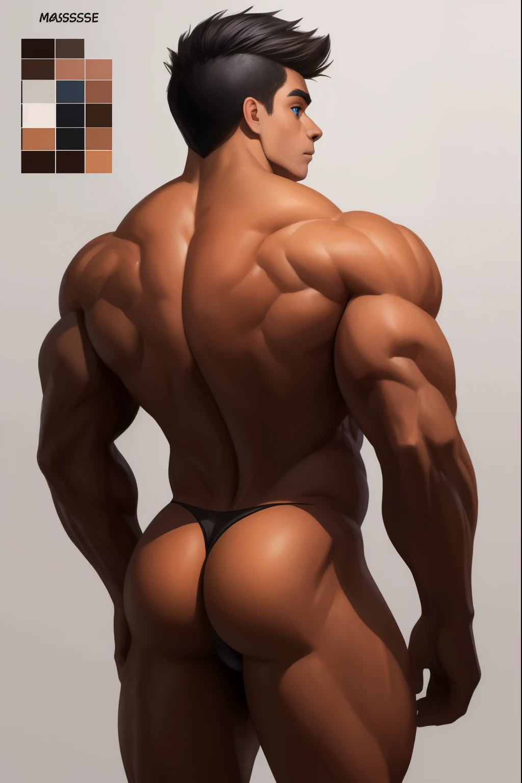 ((masterpiece)),(((best quality))),((character design sheet,same character, front, side, back)), ((Extremely realistic shadows, Masterpiece, extremely detailed, photorealistic)) standing in front on stage,
A ( face) 15 year old teen (15 yearsttractive boy, Mexican ethnicity. tanned skin, jet black hair, short hair bangs that fall on both sides of his youthful face. carefree expression, young man, alone, marked muscles, beautiful musculature, aesthetic stretch marks, inspiring physique, slender muscles, square pecs, beautiful V-cone, excellent abs and torso, chiseled abs, pectorals chiseled, perfect massive muscles, inflated muscles, voluminous pectorals, massive muscular body, a huge gigantic chest with a narrow waist, huge shoulders, ridiculously well-shaped large pecs, eight chiseled abs, (very toned and huge) with his military haircut and voluminous neck, narrow waist, bare chest, shirtless, topless, blue eyes, young face, beautiful, young. Teen muscular young builder with extraordinary and firm back, chiseled muscles, rhomboid muscles, latissimus dorsi. Gigachad. He is wearing black thong. (Black cloth thong) bare chest. (((Back))) huge firm muscular thighs, round buttocks and round butt with back, huge ass ((firm buttocks)) with big booty. ((CHARACTER DESIGN SHEET, SAME CHARACTER, FRONT, SIDE, BACK))