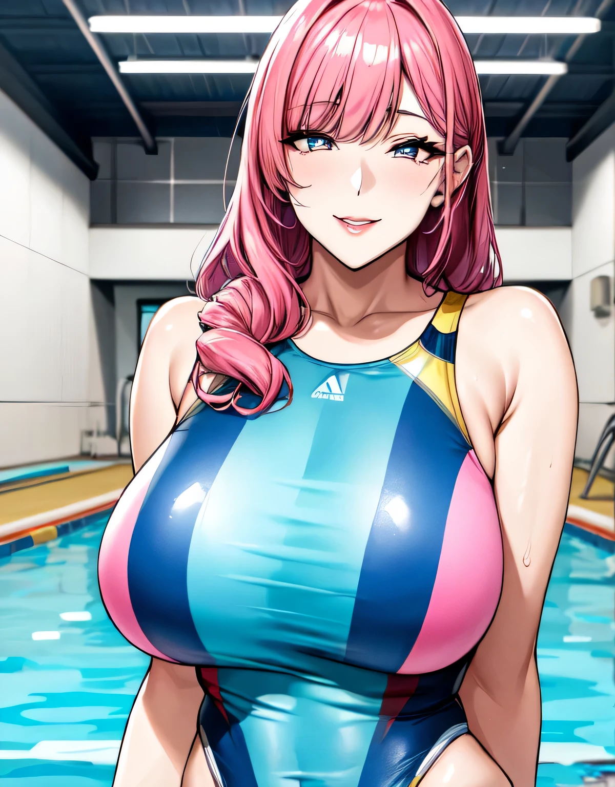 female,(large breast(shiny hair),((solo)),((masterpiece)),((best quality)),perfect anatomy,slim waist,perfect image,8k UHD,(beautiful detailed eyes:1.5),extremely detailed face,standing,(upper body:1.3),(look at the front:1.5),arms behindback,ultra-detailed,absurdres,highres,((blunt bangs)),erotic lips,(tive smile)),sexy mature women,3ears-ink hair),(long hair:1.3),indoor pool,(shiny Competition swimsuit:1.2),