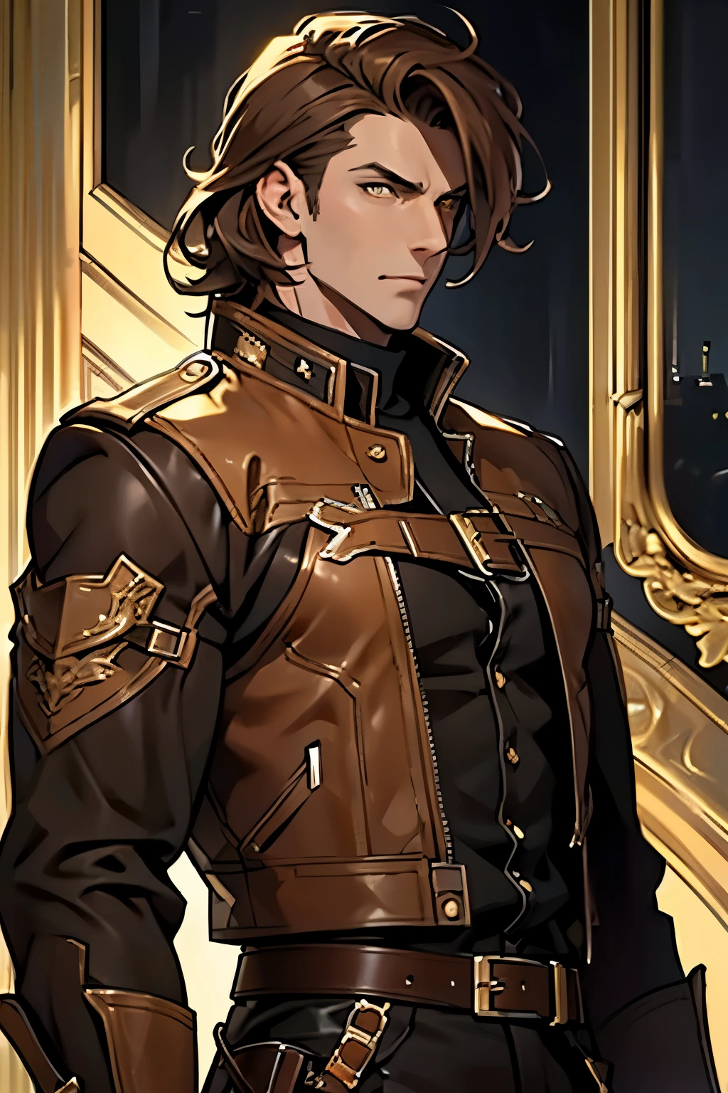 Creativa, Shiny yellow eyes, brown leather outfit, Highest quality, masterpiece, 8K, male, mature male, tall, epic, (masterpiece:1.8, best quality), (solo, upper body), waist, ((brown medium hair)),