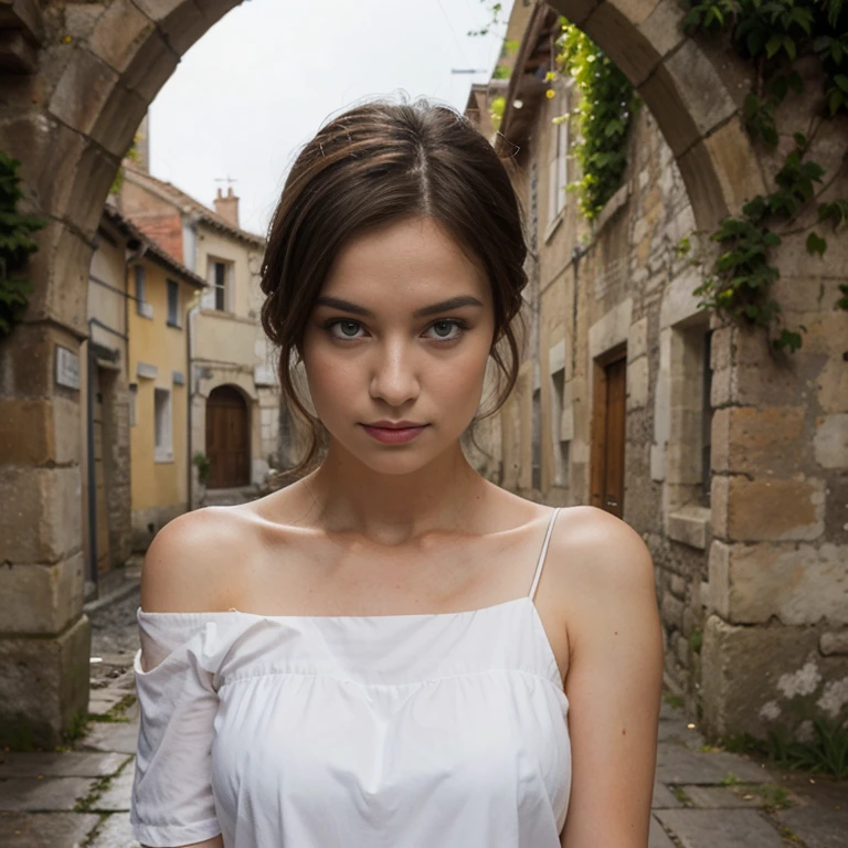 jeune femme de 25 ans, brune aux yeux bleus, chemisette blanche transparente, summer rain, bare shoulders, low-cut, in a medieval village, murs en anciennes pierres, portes en bois