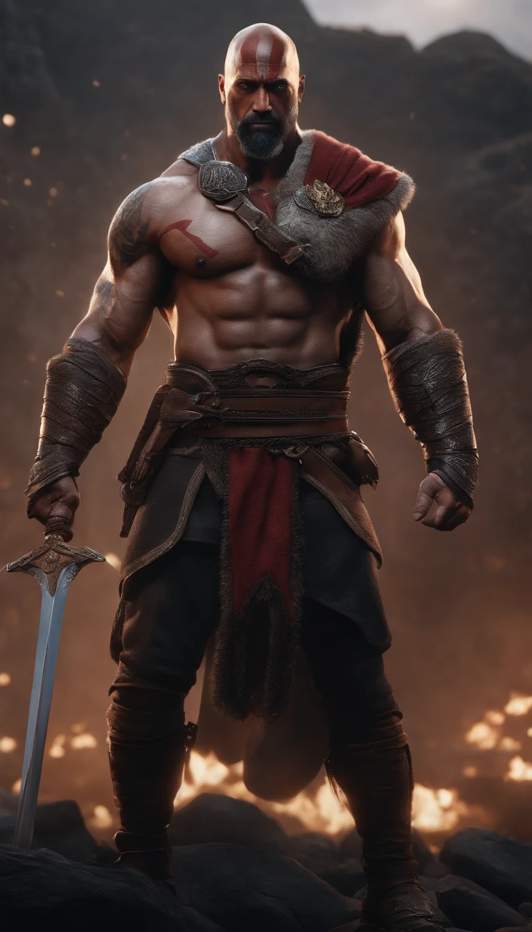 um close up de um homem com barba, muscular character, muscular male hero, estilo fantasia 8 k octane render, 3 d render arte do caractere 8 k, atraente macho de carne com armadura, personagem de fantasia octane render, handsome prince of persia, Retrato de Kratos, arte do personagem do motor irreal, Dwayne Johnson como Kratos, guerreiro masculino, Kratos, blades of chaos nas maos, kratos, Skyline noturno da cidade cyberpunk, estilo nvinkpunk, Directed by: Jeremy Mann, Por Dave McKean e Richard Avedon e Maciej Kuciara, Punk rock, alto detalhamento, 4k, RTX, estilo anime, desenhado, combate, gore,talking to his little son