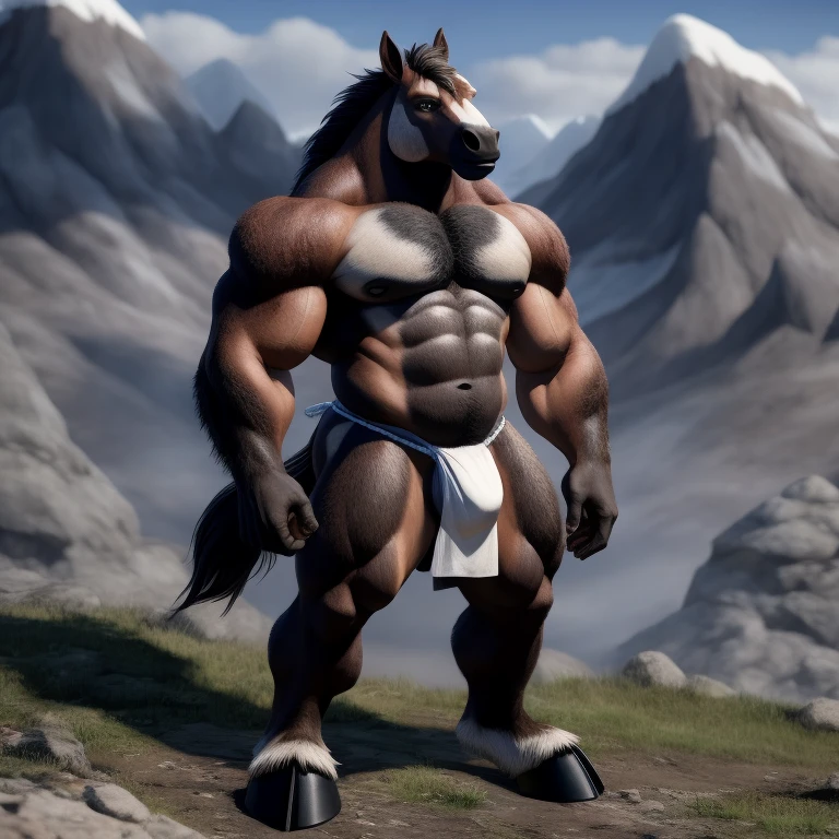 Furry, Antro , [Horse color dark Marronmetal] , [Fundoshi Bulto Male Big], [(Fundoshi BLANCO)], Solo,Tumbado [Bulto Male Big], Big Balls, Hooves , Detallado, cuerpo completo, Cuerpo Peludo Marron, Cuerpo Perfecto, Piedral Mountain Background, Pupil Eyes, Alta resolucion 4K