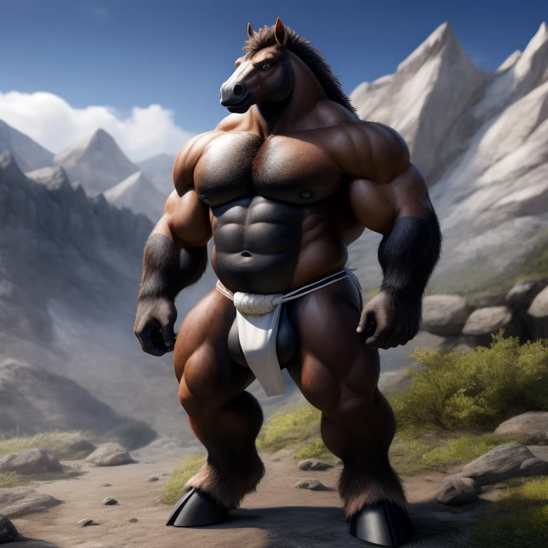 Furry, Antro , [Horse color dark Marronmetal] , [Fundoshi Bulto Male Big], [(Fundoshi BLANCO)], Solo,Tumbado [Bulto Male Big], Big Balls, Hooves , Detallado, cuerpo completo, Cuerpo Peludo Marron, Cuerpo Perfecto, Piedral Mountain Background, Pupil Eyes, Alta resolucion 4K