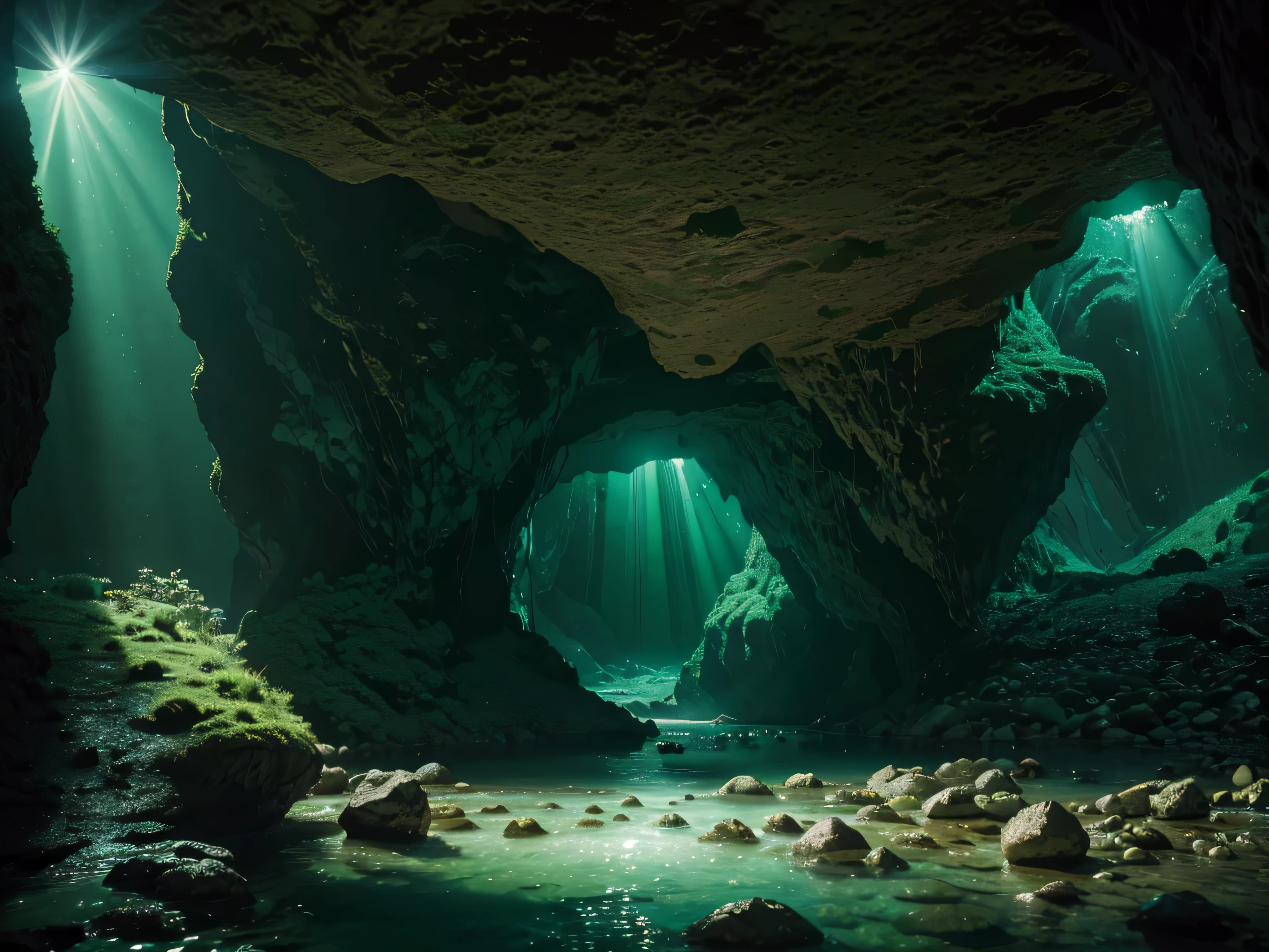 (best quality,4k,8k,highres,masterpiece:1.2),ultra-detailed,(realistic,photorealistic,photo-realistic:1.37), cave, emerald crystals, green light, illuminated cave, green lighting, lens flare