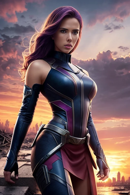 scarlett johansson、Torn Suit、I'm wearing a skirt、masterpiece, 1 Girl, マーベルのサイロックとしてbeautiful女性, X-Men Psylocke Cosplay、purple suit、Fine and delicate features, Futuristic New York Background, Science fiction, blonde, Super Heroine, heroic, Perfect balance, photograph, 超Realistic, masterpiece, 8k, large format camera, 110mm lens, Dynamic Lighting, Rim lighting、Official Art, extremely detailed CG 8K wallpaper, perfect Lighting, De color, bright_amount_method_Light, piel bright, (masterpiece:1.0), (Better_quality:1.0), Ultra-high resolution, 4k , Very detailed, Director of Photography, 8K, HDR, Altas ResoLightones, (Confused:1.2), Kodak Portrait 400, Film Grain, blurred background, (Bokeh:1.2), Lens flare, (Vibrant_color:1.2), プロのphotograph撮影, (beautiful_method:1.5),More detailed 8K.Unreal Engine:1.4,Hmm.,La Better calidad:1.4, Realistic:1.4, Skin temperature:1.4, masterpiece:1.8,masterpiece, Better calidad,object object], (Detailed facial features:1.3),(Anti-sedentary apocalyptic destroyed city:1.4), (Apocalyptic Sunset:1.4)