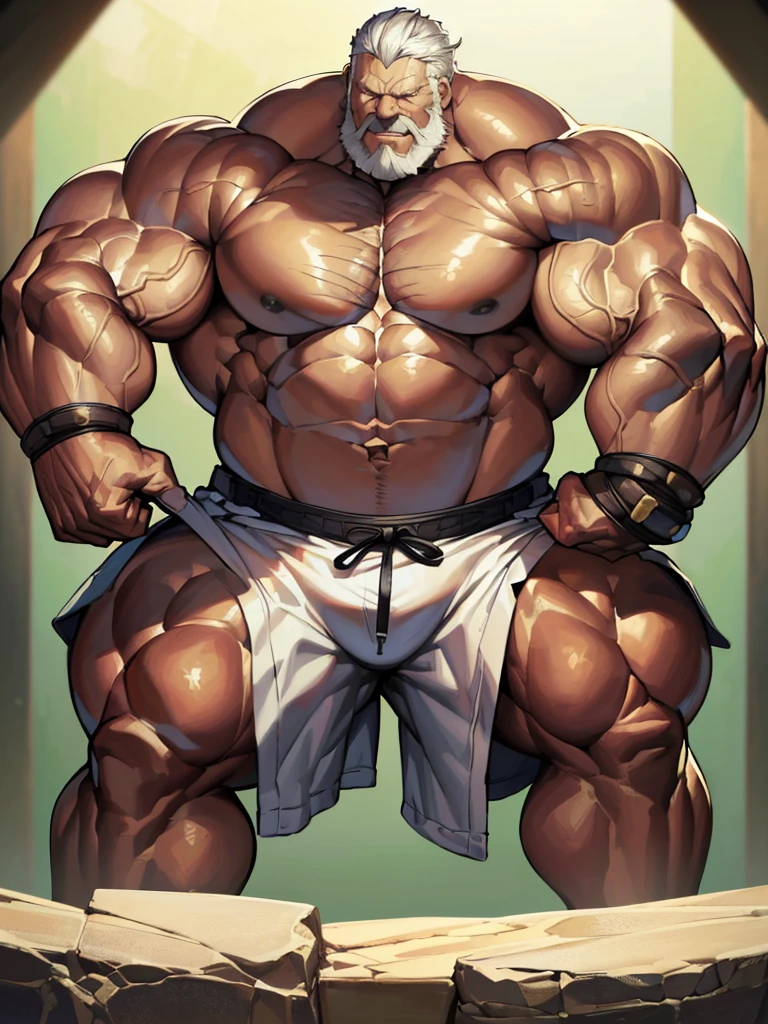 full shots, ground level camera shot, (best quality,4k,8k,highres,masterpiece:1.2),ultra-detailed,(realistic,photorealistic,photo-realistic:1.37),((massive muscular)) ((huge Muscular)) old man standing in photo studio, simple background, shorts , white hair, super thick arms, super big pectoral, super wide pectoral, topless, shirtless.