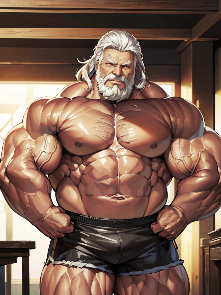 full shots, ground level camera shot, (best quality,4k,8k,highres,masterpiece:1.2),ultra-detailed,(realistic,photorealistic,photo-realistic:1.37),((massive muscular)) ((huge Muscular)) old man standing in photo studio, simple background,  shorts , white hair, super thick arms, super big pectoral, super wide pectoral, topless, shirtless. 