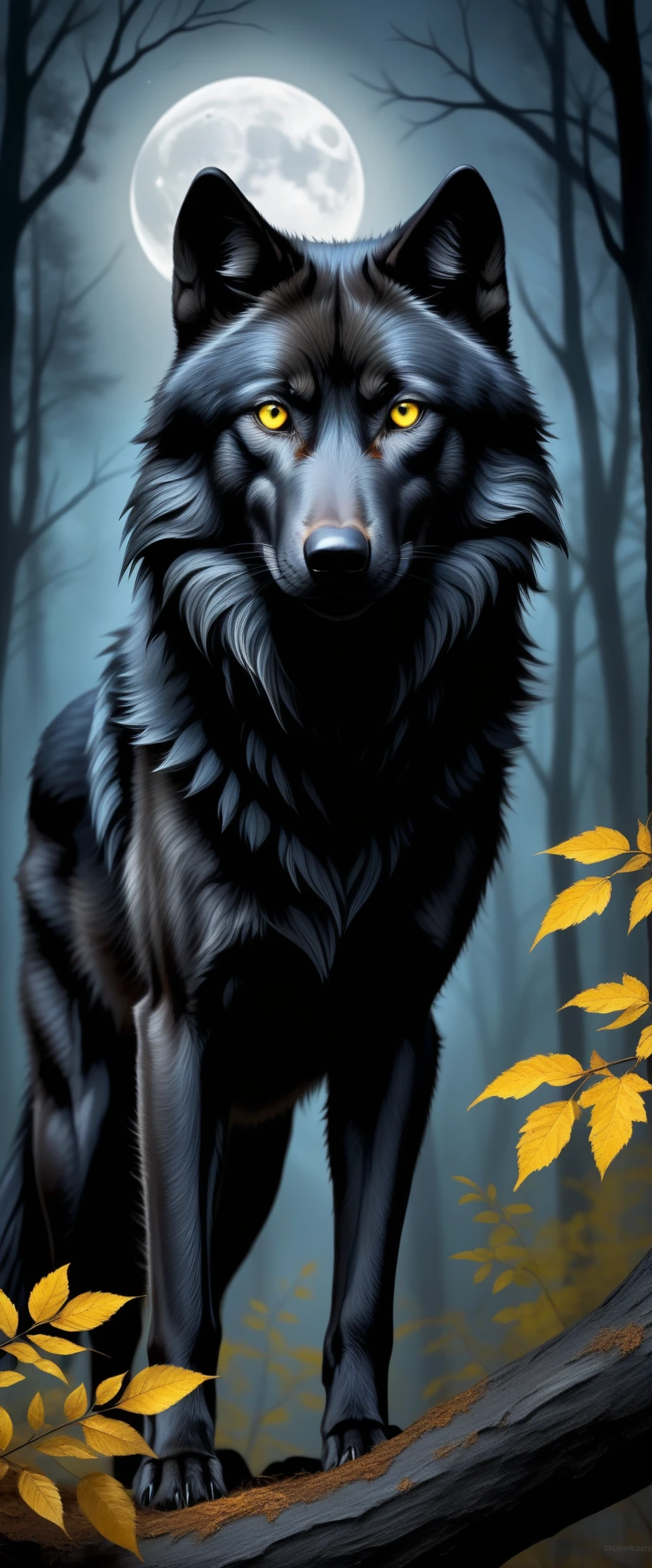 black wolf with yellow eyes in the forest,realistic,highres,ultra-detailed,wildlife,night scene,moonlit,ominous shadows,dense foliage,quiet ambiance,majestic creature,poised,alert,sharp-pointed ears,fierce gaze,powerful presence,untamed beauty,ominous,striking contrast,fearsome predator,graceful and stealthy movements,dark and mysterious habitat,howl in the distance,black fur glimmering under moonlight,pristine and untouched environment,mystical atmosphere,vivid colors,whisper of the wind,rustling leaves,slender and muscular frame