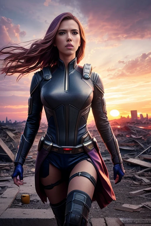 scarlett johansson、Torn Suit、I'm wearing a skirt、masterpiece, 1 Girl, マーベルのサイロックとしてbeautiful女性, X-Men Psylocke Cosplay、purple suit、Fine and delicate features, Futuristic New York Background, Science fiction, blonde, Super Heroine, heroic, Perfect balance, photograph, 超Realistic, masterpiece, 8k, large format camera, 110mm lens, Dynamic Lighting, Rim lighting、Official Art, extremely detailed CG 8K wallpaper, perfect Lighting, De color, bright_amount_method_Light, piel bright, (masterpiece:1.0), (Better_quality:1.0), Ultra-high resolution, 4k , Very detailed, Director of Photography, 8K, HDR, Altas ResoLightones, (Confused:1.2), Kodak Portrait 400, Film Grain, blurred background, (Bokeh:1.2), Lens flare, (Vibrant_color:1.2), プロのphotograph撮影, (beautiful_method:1.5),More detailed 8K.Unreal Engine:1.4,Hmm.,La Better calidad:1.4, Realistic:1.4, Skin temperature:1.4, masterpiece:1.8,masterpiece, Better calidad,object object], (Detailed facial features:1.3),(Anti-sedentary apocalyptic destroyed city:1.4), (Apocalyptic Sunset:1.4)