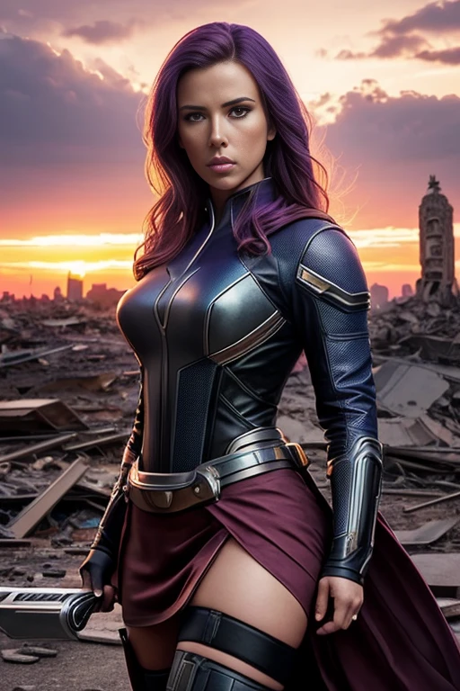 scarlett johansson、Torn Suit、I'm wearing a skirt、masterpiece, 1 Girl, マーベルのサイロックとしてbeautiful女性, X-Men Psylocke Cosplay、purple suit、Fine and delicate features, Futuristic New York Background, Science fiction, blonde, Super Heroine, heroic, Perfect balance, photograph, 超Realistic, masterpiece, 8k, large format camera, 110mm lens, Dynamic Lighting, Rim lighting、Official Art, extremely detailed CG 8K wallpaper, perfect Lighting, De color, bright_amount_method_Light, piel bright, (masterpiece:1.0), (Better_quality:1.0), Ultra-high resolution, 4k , Very detailed, Director of Photography, 8K, HDR, Altas ResoLightones, (Confused:1.2), Kodak Portrait 400, Film Grain, blurred background, (Bokeh:1.2), Lens flare, (Vibrant_color:1.2), プロのphotograph撮影, (beautiful_method:1.5),More detailed 8K.Unreal Engine:1.4,Hmm.,La Better calidad:1.4, Realistic:1.4, Skin temperature:1.4, masterpiece:1.8,masterpiece, Better calidad,object object], (Detailed facial features:1.3),(Anti-sedentary apocalyptic destroyed city:1.4), (Apocalyptic Sunset:1.4)