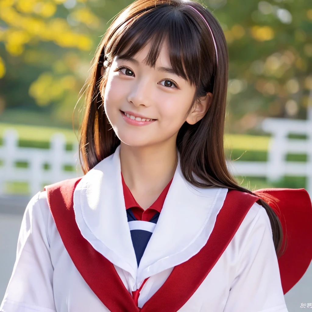photo realistic, school sailor uniform, (sailor collar):1.2, (red tie):1.1, a japanese pretty girl, small breast, flat chest, symmetrical eyes, detailed face, detailed eyes, eye contact, smile, head tilt, knee up