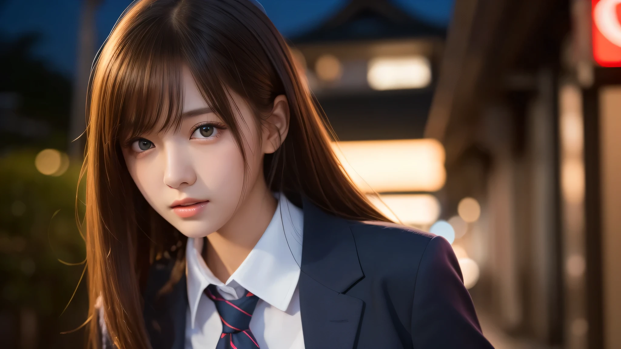 (Best Quality:1.4), Realistic, extremely detailed CG unified 8k wallpaper, highly detailed, High-definition raw color photos, professional photography, Realistic portrait, Cinematic Light, Beautiful detailed, 1girl, Beautiful breasts, (Fine face:1.2), Close up portrait of girl, B(high school uniform:1.2), Outdoors, (Tokyo city), Tokyo night scenery,