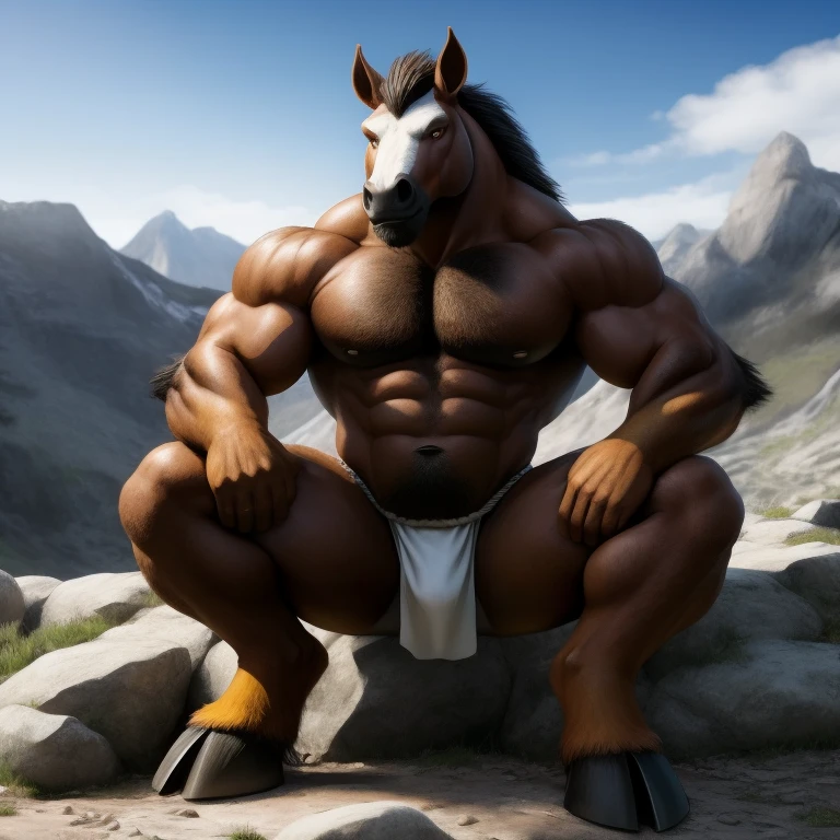 Furry, Antro , Delgado [Horse color dark Marronmetal] , [Fundoshi Bulto Male Big], [(Fundoshi BLANCO)], Solo,Tumbado [Bulto Male Big], Big Balls, Hooves , Detallado, cuerpo completo, Cuerpo Peludo Marron amarillo, Cuerpo Perfecto, Piedral Mountain Background, Pupil Eyes, Alta resolucion 4K