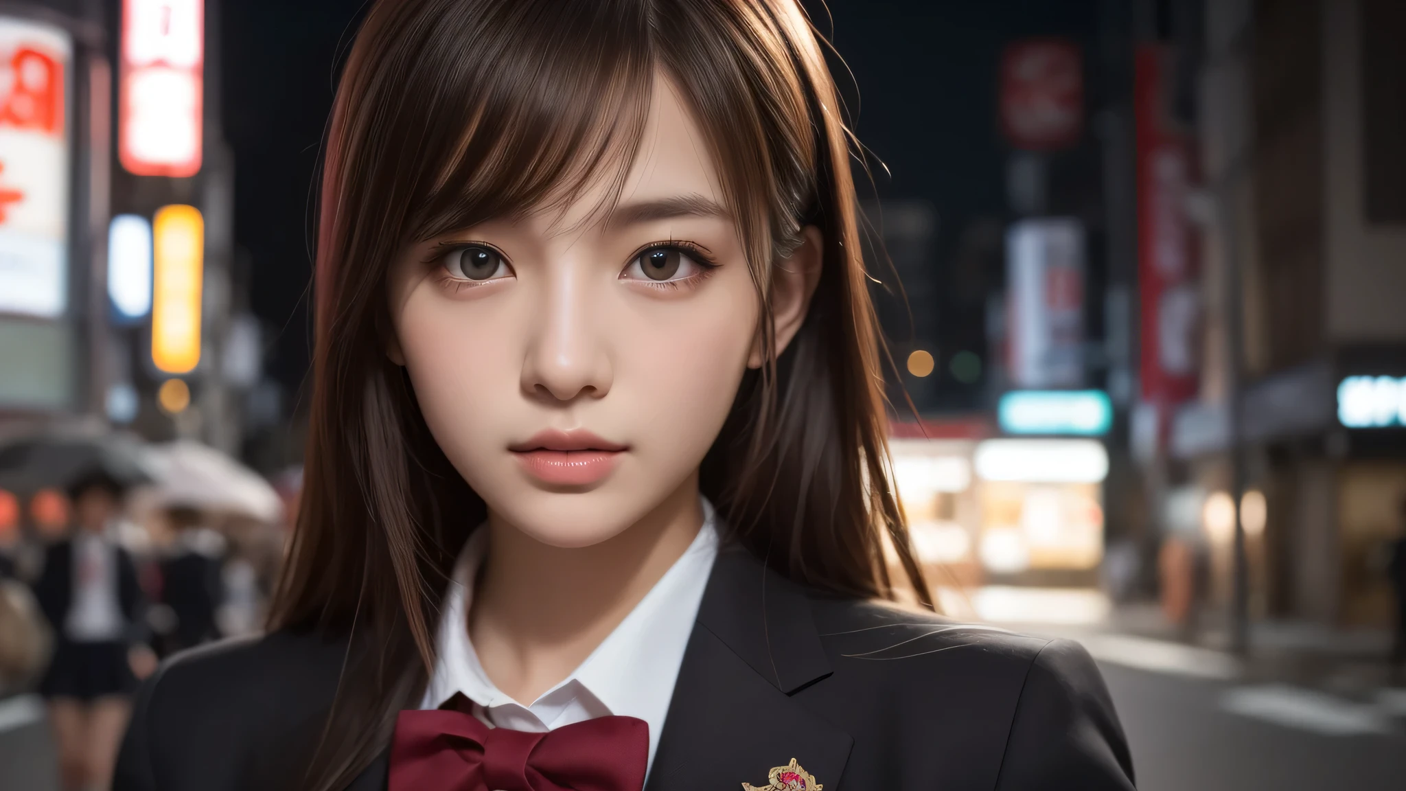 (Best Quality:1.4), Realistic, extremely detailed CG unified 8k wallpaper, highly detailed, High-definition raw color photos, professional photography, Realistic portrait, Cinematic Light, Beautiful detailed, 1girl, Beautiful breasts, (Fine face:1.2), Close up portrait of girl, B(high school uniform:1.2), Outdoors, (Tokyo city), Tokyo night scenery,