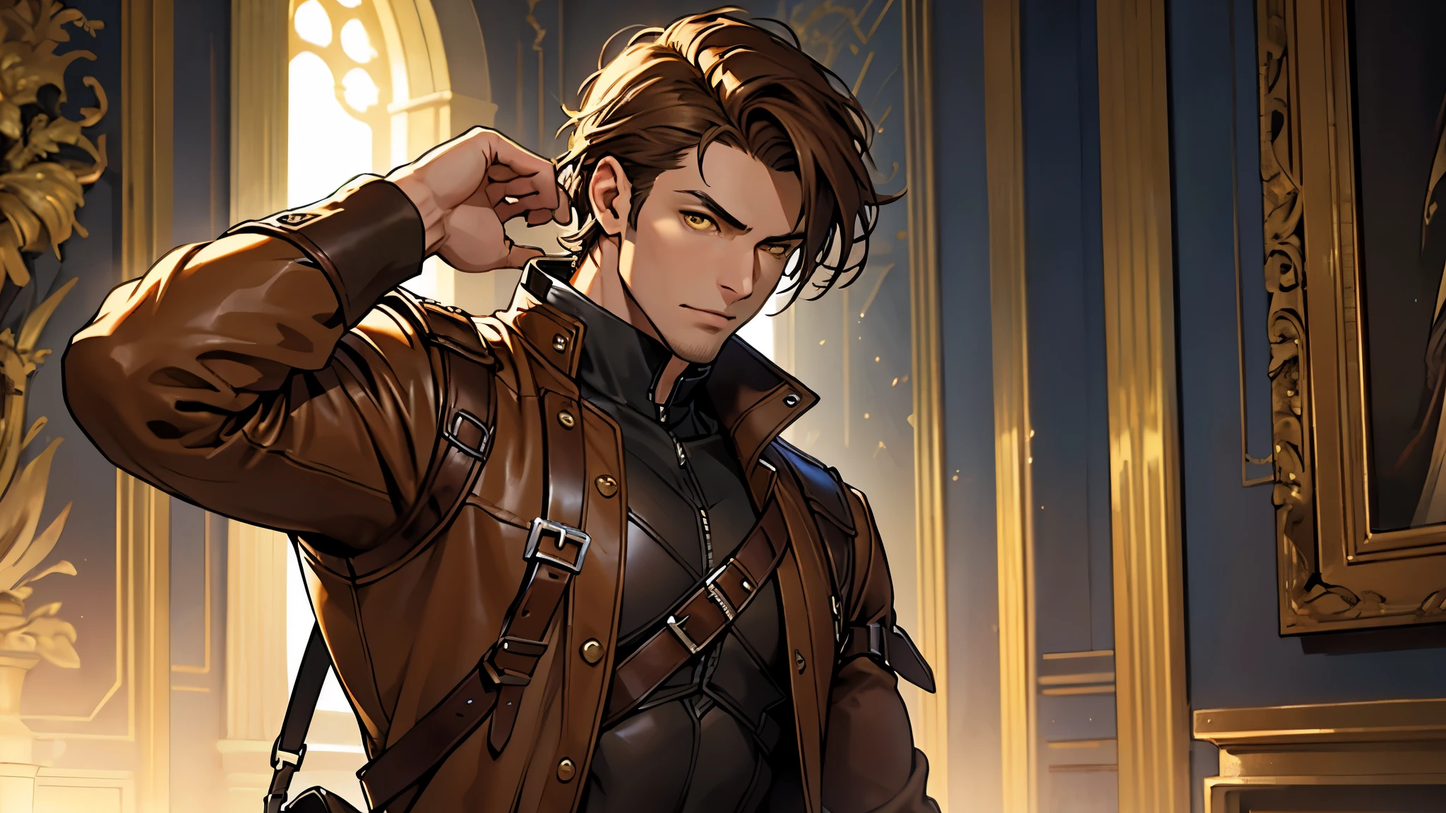 Creativa, Shiny yellow eyes, brown leather outfit, Highest quality, masterpiece, 8K, male, mature male, tall, epic, (masterpiece:1.8, best quality), (solo, upper body), waist,  ((brown medium  hair)), multi views