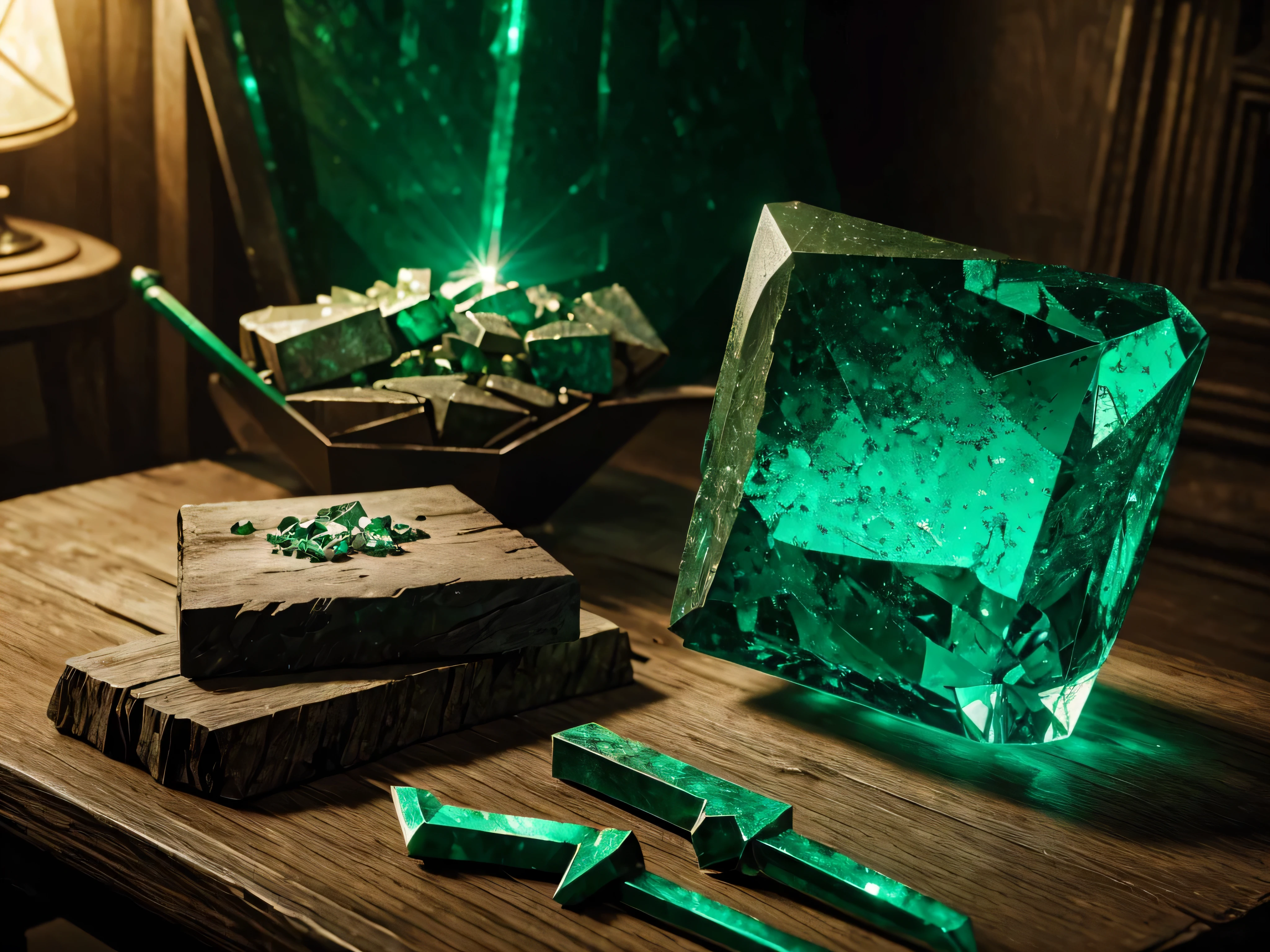 (best quality,4k,highres,masterpiece:1.2),emerald fragment on the table,miner's tools,pieces of green emerald emitting green light,miner's pickaxe,miner's shovel,miner's helmet,rough and uneven texture of the table,reflection of light on the table surface,sparkles of light on the emerald's surface,detailed engravings on the miner's tools,strong shadows and highlights on the emerald fragment,rich and vibrant green color of the emerald,subtle variations in shades of green on the emerald,gritty and metallic texture of the miner's tools,table made of wood with visible grains and knots,various sizes of the emerald fragments scattered on the table,sharp and jagged edges of the emerald fragments,dimly lit room with a soft glow from the emerald,concentrated light beam illuminating the table and emerald.