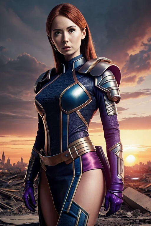 Karen Gillan、Torn Suit、I'm wearing a skirt、masterpiece, 1 Girl, マーベルのサイロックとしてbeautiful女性, X-Men Psylocke Cosplay、purple suit、Fine and delicate features, Futuristic New York Background, Science fiction, blonde, Super Heroine, heroic, Perfect balance, photograph, 超Realistic, masterpiece, 8k, large format camera, 110mm lens, Dynamic Lighting, Rim lighting、Official Art, extremely detailed CG 8K wallpaper, perfect Lighting, De color, bright_amount_method_Light, piel bright, (masterpiece:1.0), (Better_quality:1.0), Ultra-high resolution, 4k , Very detailed, Director of Photography, 8K, HDR, Altas ResoLightones, (Confused:1.2), Kodak Portrait 400, Film Grain, blurred background, (Bokeh:1.2), Lens flare, (Vibrant_color:1.2), プロのphotograph撮影, (beautiful_method:1.5),More detailed 8K.Unreal Engine:1.4,Hmm.,La Better calidad:1.4, Realistic:1.4, Skin temperature:1.4, masterpiece:1.8,masterpiece, Better calidad,object object], (Detailed facial features:1.3),(Anti-sedentary apocalyptic destroyed city:1.4), (Apocalyptic Sunset:1.4)