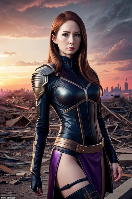 Karen Gillan、Torn Suit、I'm wearing a skirt、masterpiece, 1 Girl, マーベルのサイロックとしてbeautiful女性, X-Men Psylocke Cosplay、purple suit、Fine and delicate features, Futuristic New York Background, Science fiction, blonde, Super Heroine, heroic, Perfect balance, photograph, 超Realistic, masterpiece, 8k, large format camera, 110mm lens, Dynamic Lighting, Rim lighting、Official Art, extremely detailed CG 8K wallpaper, perfect Lighting, De color, bright_amount_method_Light, piel bright, (masterpiece:1.0), (Better_quality:1.0), Ultra-high resolution, 4k , Very detailed, Director of Photography, 8K, HDR, Altas ResoLightones, (Confused:1.2), Kodak Portrait 400, Film Grain, blurred background, (Bokeh:1.2), Lens flare, (Vibrant_color:1.2), プロのphotograph撮影, (beautiful_method:1.5),More detailed 8K.Unreal Engine:1.4,Hmm.,La Better calidad:1.4, Realistic:1.4, Skin temperature:1.4, masterpiece:1.8,masterpiece, Better calidad,object object], (Detailed facial features:1.3),(Anti-sedentary apocalyptic destroyed city:1.4), (Apocalyptic Sunset:1.4)