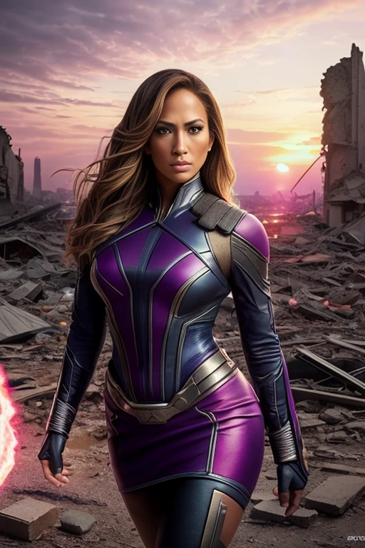 jennifer lopez、Torn Suit、I'm wearing a skirt、masterpiece, 1 Girl, マーベルのサイロックとしてbeautiful女性, X-Men Psylocke Cosplay、purple suit、Fine and delicate features, Futuristic New York Background, Science fiction, blonde, Super Heroine, heroic, Perfect balance, photograph, 超Realistic, masterpiece, 8k, large format camera, 110mm lens, Dynamic Lighting, Rim lighting、Official Art, extremely detailed CG 8K wallpaper, perfect Lighting, De color, bright_amount_method_Light, piel bright, (masterpiece:1.0), (Better_quality:1.0), Ultra-high resolution, 4k , Very detailed, Director of Photography, 8K, HDR, Altas ResoLightones, (Confused:1.2), Kodak Portrait 400, Film Grain, blurred background, (Bokeh:1.2), Lens flare, (Vibrant_color:1.2), プロのphotograph撮影, (beautiful_method:1.5),More detailed 8K.Unreal Engine:1.4,Hmm.,La Better calidad:1.4, Realistic:1.4, Skin temperature:1.4, masterpiece:1.8,masterpiece, Better calidad,object object], (Detailed facial features:1.3),(Anti-sedentary apocalyptic destroyed city:1.4), (Apocalyptic Sunset:1.4)