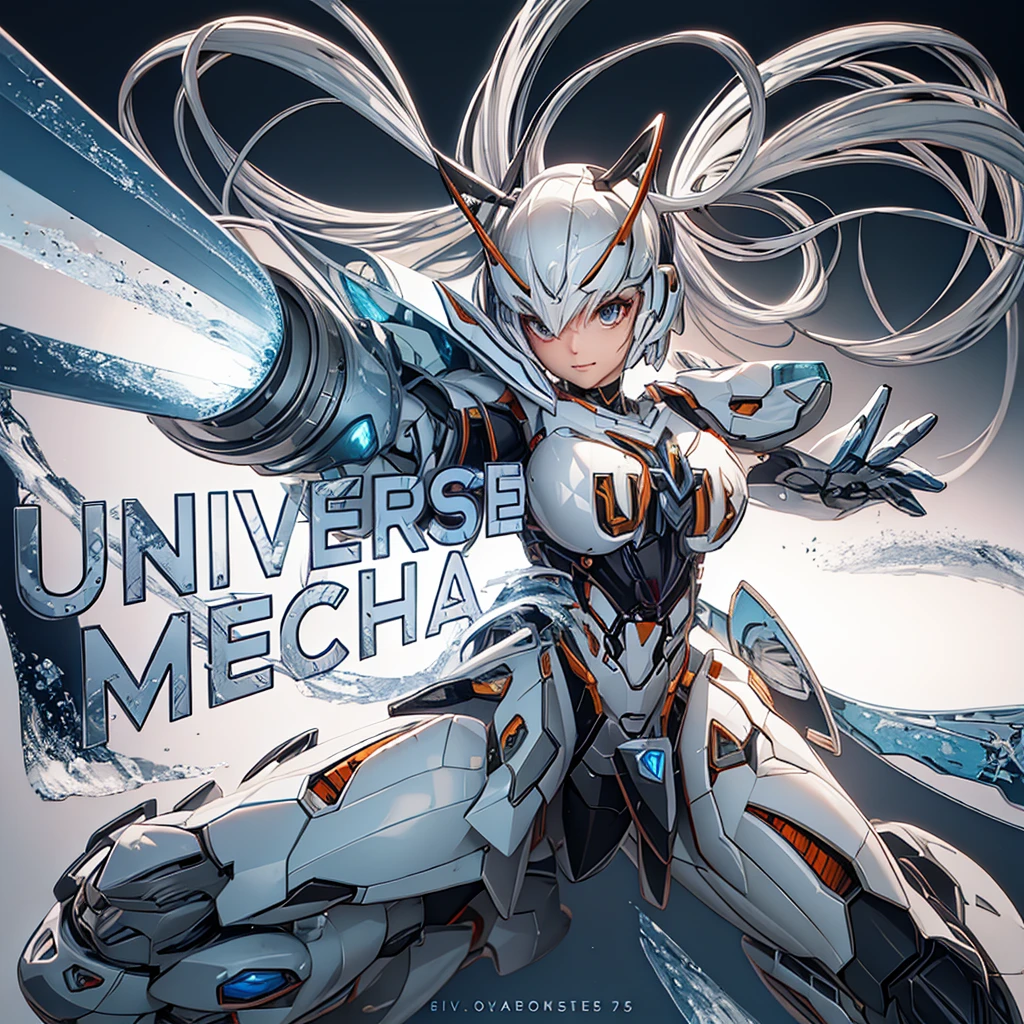 a close up of a person holding a sword in a graphic, mecha asthetic, # mecha, modern mecha anime, mecha art, mecha anime, cool mecha style, female mecha, mecha, mecha inspired, girl in mecha cyber armor, white mecha, mecha human, ethereal and mecha theme, gear mecha