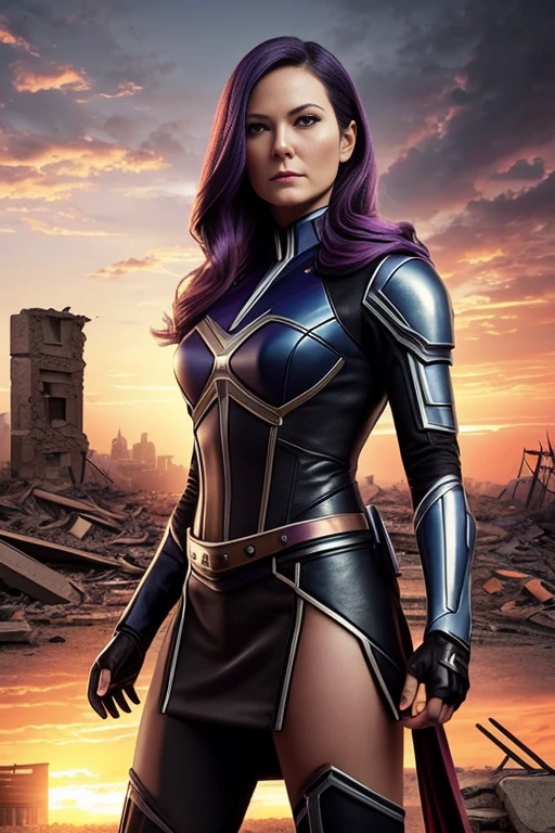 Kirsten Dunst、Torn Suit、I'm wearing a skirt、masterpiece, 1 Girl, マーベルのサイロックとしてbeautiful女性, X-Men Psylocke Cosplay、purple suit、Fine and delicate features, Futuristic New York Background, Science fiction, blonde, Super Heroine, heroic, Perfect balance, photograph, 超Realistic, masterpiece, 8k, large format camera, 110mm lens, Dynamic Lighting, Rim lighting、Official Art, extremely detailed CG 8K wallpaper, perfect Lighting, De color, bright_amount_method_Light, piel bright, (masterpiece:1.0), (Better_quality:1.0), Ultra-high resolution, 4k , Very detailed, Director of Photography, 8K, HDR, Altas ResoLightones, (Confused:1.2), Kodak Portrait 400, Film Grain, blurred background, (Bokeh:1.2), Lens flare, (Vibrant_color:1.2), プロのphotograph撮影, (beautiful_method:1.5),More detailed 8K.Unreal Engine:1.4,Hmm.,La Better calidad:1.4, Realistic:1.4, Skin temperature:1.4, masterpiece:1.8,masterpiece, Better calidad,object object], (Detailed facial features:1.3),(Anti-sedentary apocalyptic destroyed city:1.4), (Apocalyptic Sunset:1.4)