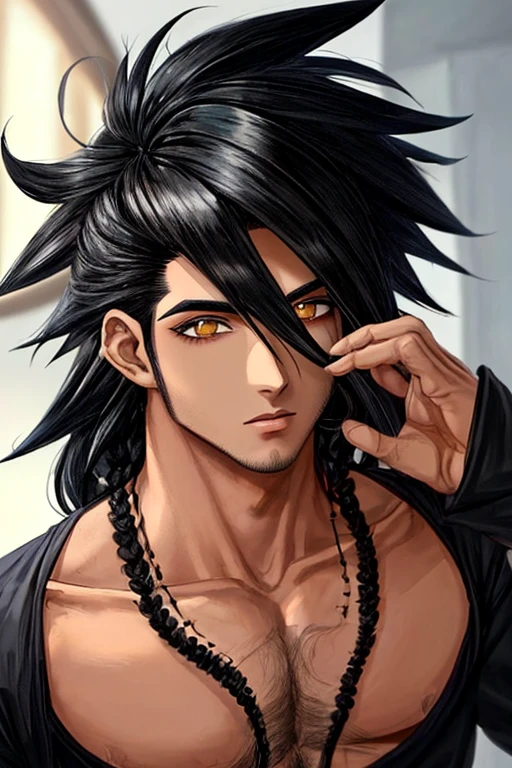 indiano, cabelo anime masculino preto, iries do olho amarela, manto preto, anime