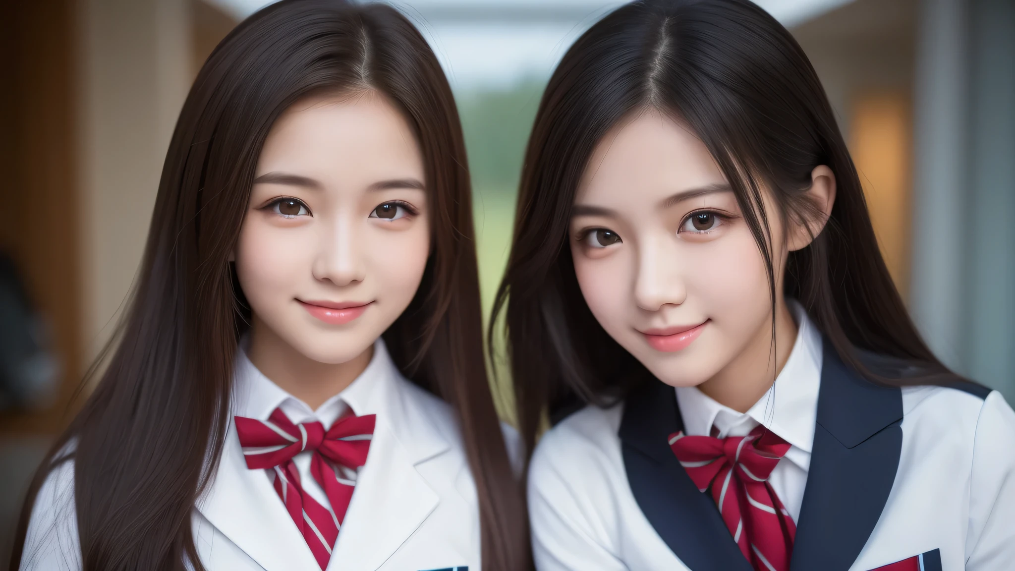 2girl, beautiful girls, enchanting smile, (highly detailed eyes, highly detailed face), Fresh, very clean appearance, (hyper-realistic, hight resolution), (best Quality:1.4), Professional Photography, (high school uniform:1.2), focus on the face,