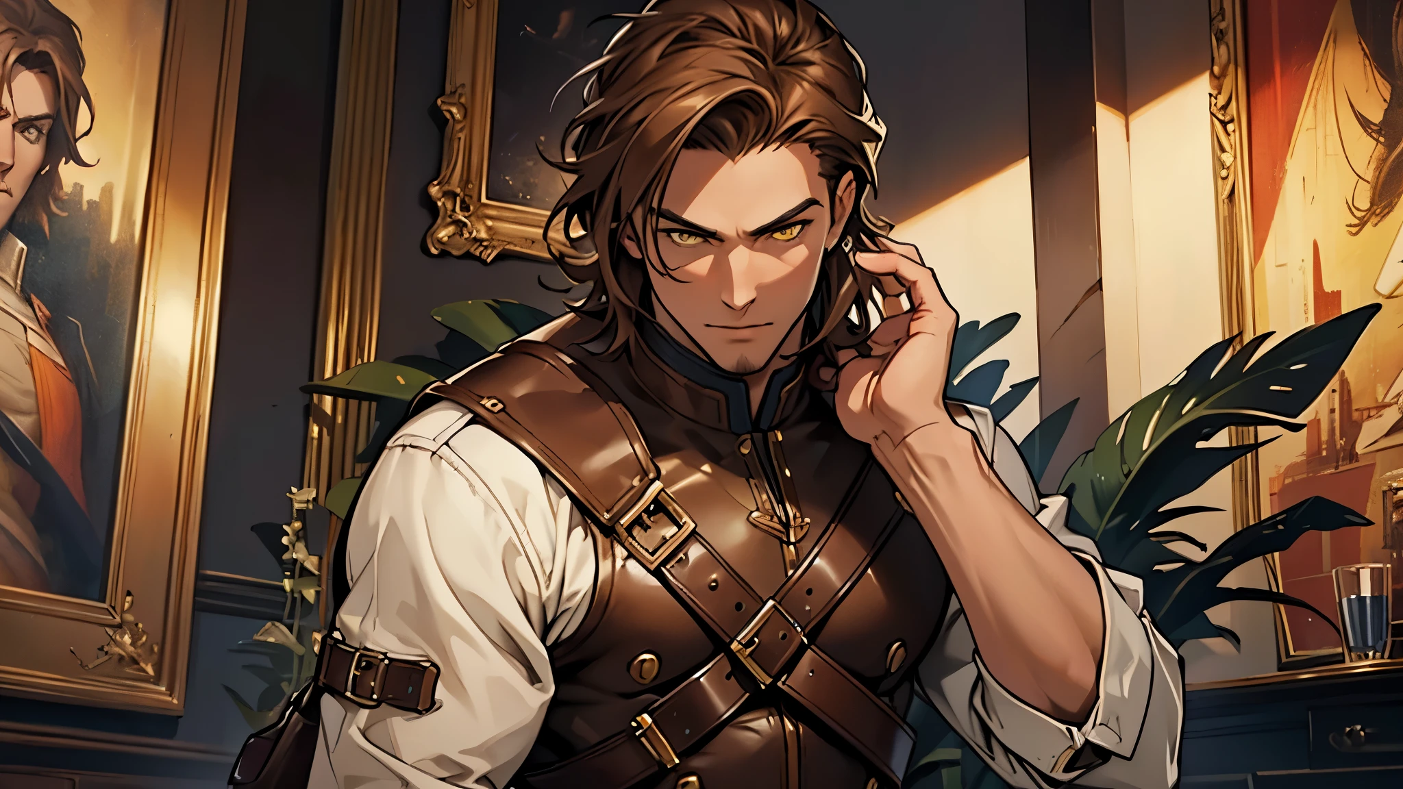 Creativa, Shiny yellow eyes, brown leather outfit, Highest quality, masterpiece, 8K, male, mature male, tall, epic, (masterpiece:1.8, best quality), (solo, upper body), waist, ((brown medium hair)), multi views